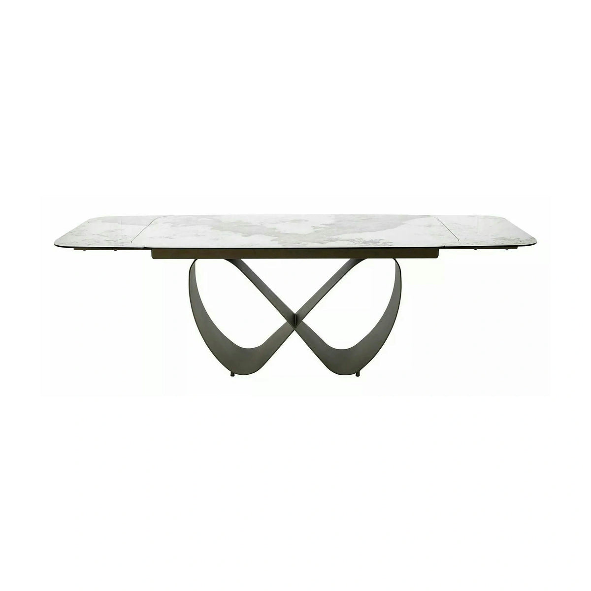 Masă extensibilă INFINITY, alb lucios/cupru, sticlă securizată/ceramică/metal, 160–240x95x76 cm