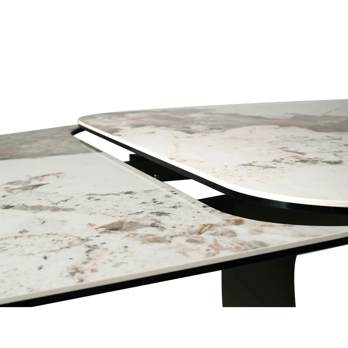 Masă extensibilă INFINITY, alb lucios/cupru, sticlă securizată/ceramică/metal, 160–240x95x76 cm
