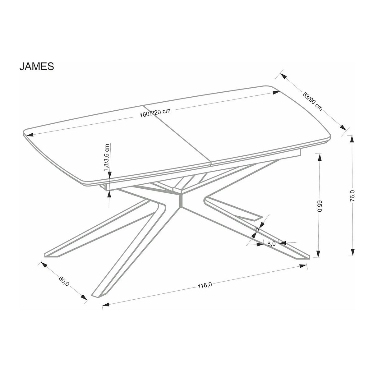 Masa extensibila JAMES, stejar/negru, 160/220x90x76 cm