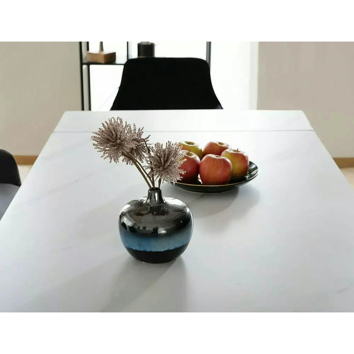 Masa extensibila LACONI, alb cu efect de marmura, ceramica/metal, 160/220x90x76 cm