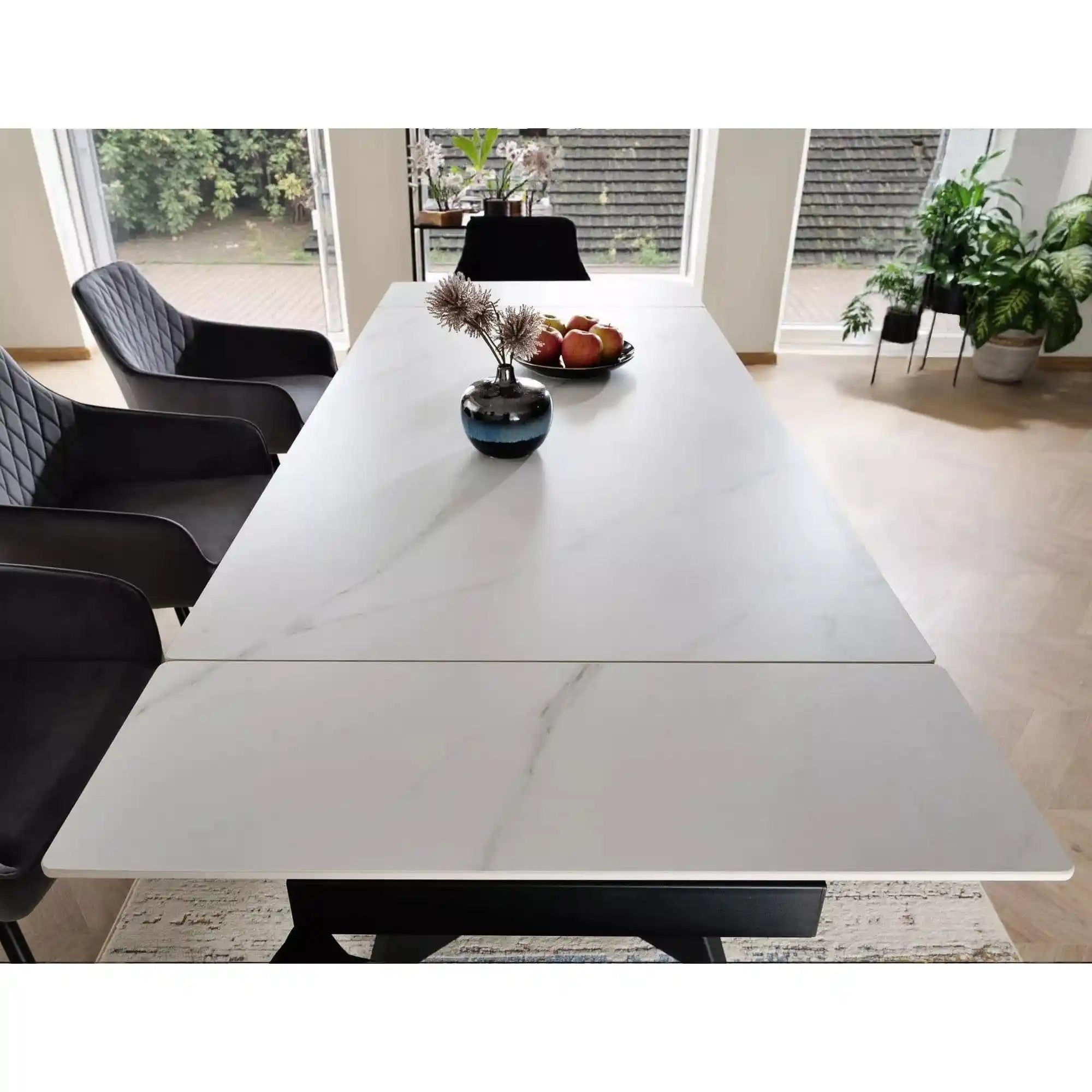 Masa extensibila LACONI, alb cu efect de marmura, ceramica/metal, 160/220x90x76 cm