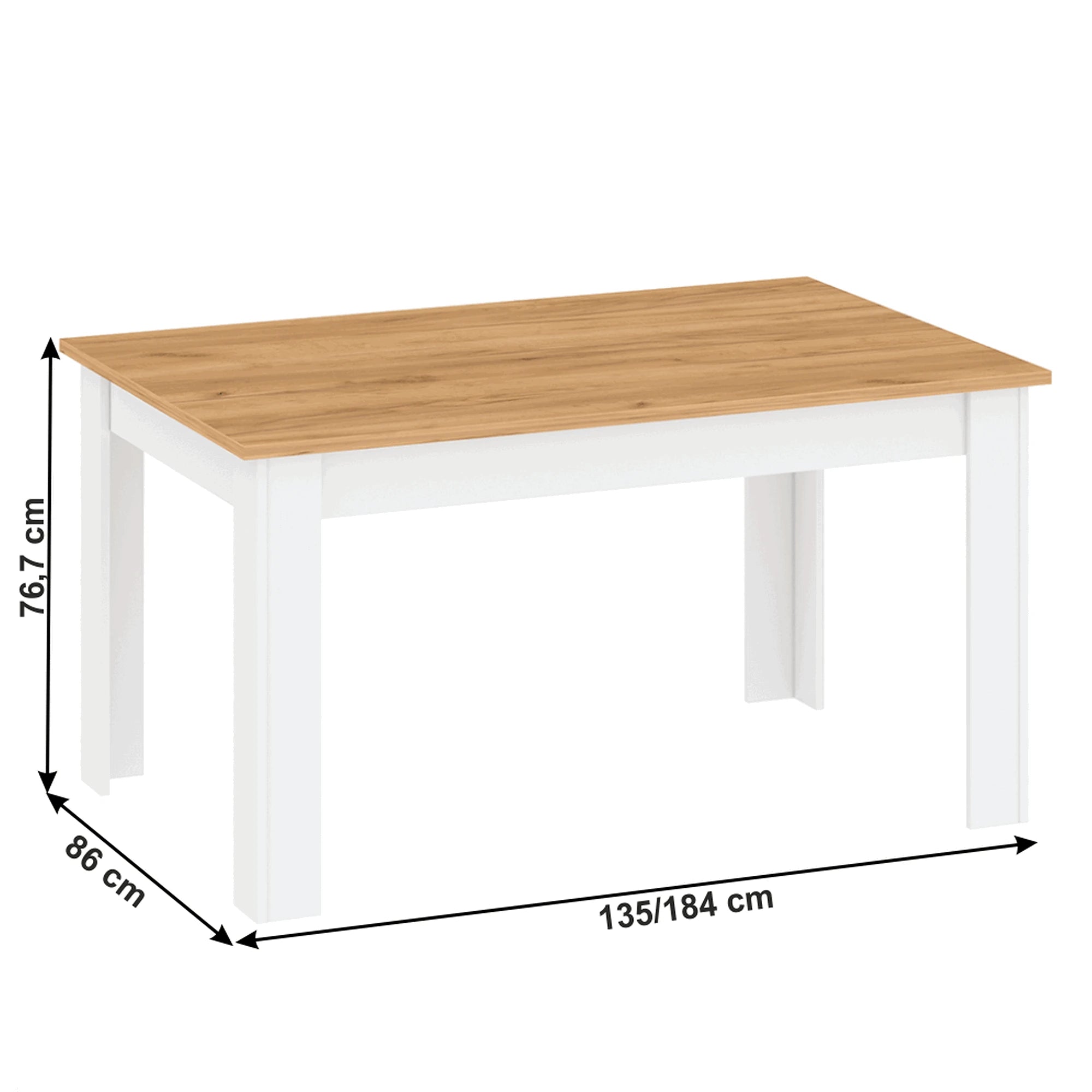 Masa extensibila LANZETTE S, stejar/alb, DTD laminat, 135/184x86x76 cm