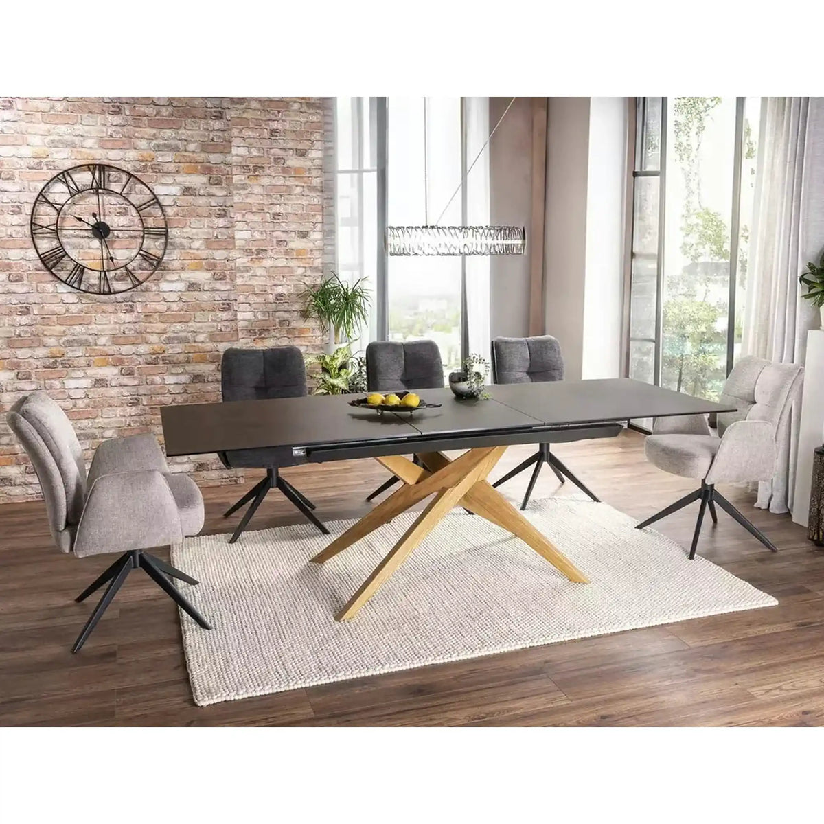 Masa extensibila LORETO, maro/stejar, sticla/ceramica/lemn, 180/230x90x76 cm