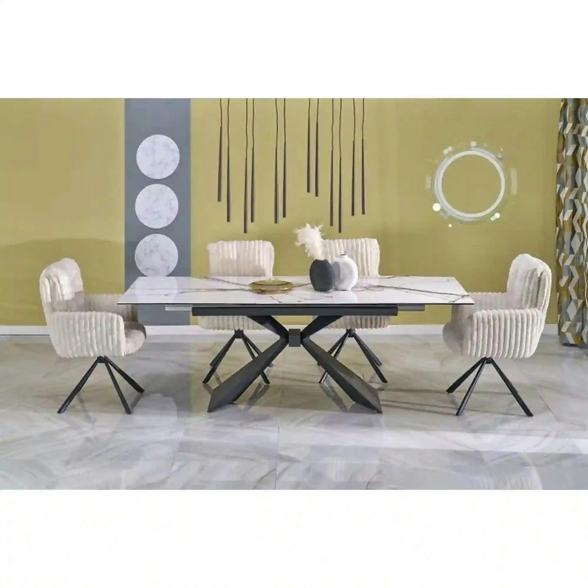 Masa extensibila LUCIANO, alb cu efect de marmura/negru, ceramica/sticla/otel, 180/230x90x76 cm