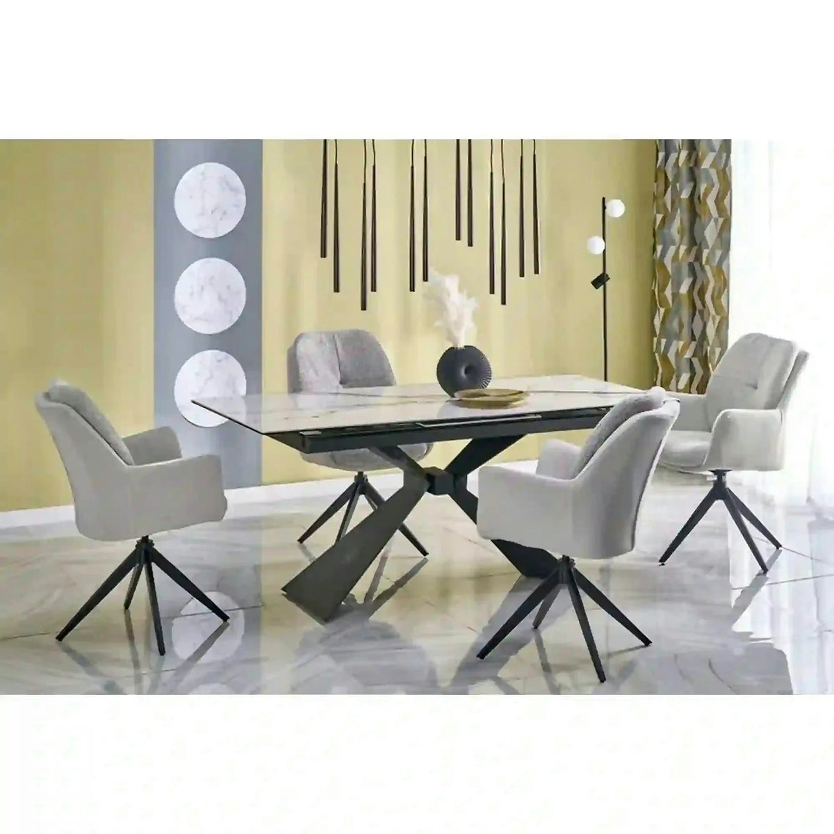 Masa extensibila LUCIANO, alb cu efect de marmura/negru, ceramica/sticla/otel, 180/230x90x76 cm