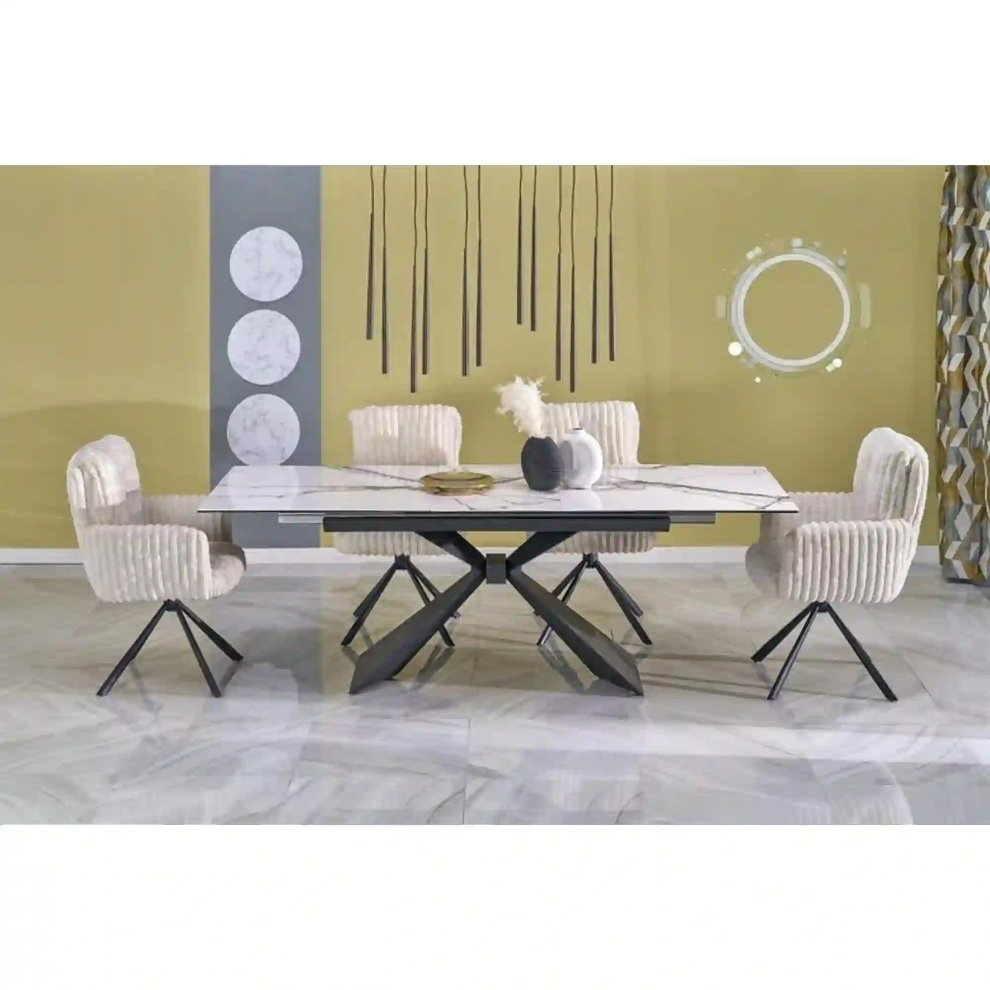 Masa extensibila LUCIANO, alb cu efect de marmura/negru, ceramica/sticla/otel, 180/230x90x76 cm