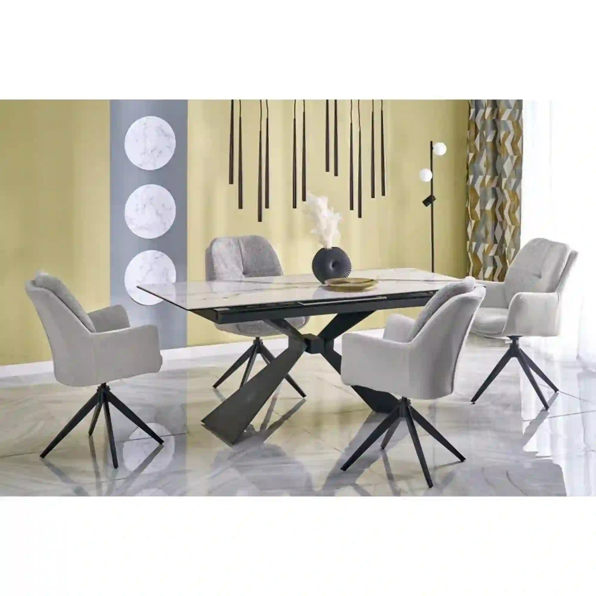 Masa extensibila LUCIANO, alb cu efect de marmura/negru, ceramica/sticla/otel, 180/230x90x76 cm