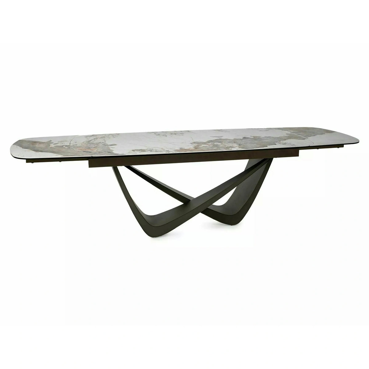 Masă extensibilă MARANELLO, alb/cupru, sticlă securizată/ceramică/metal, 200–290x98x77 cm