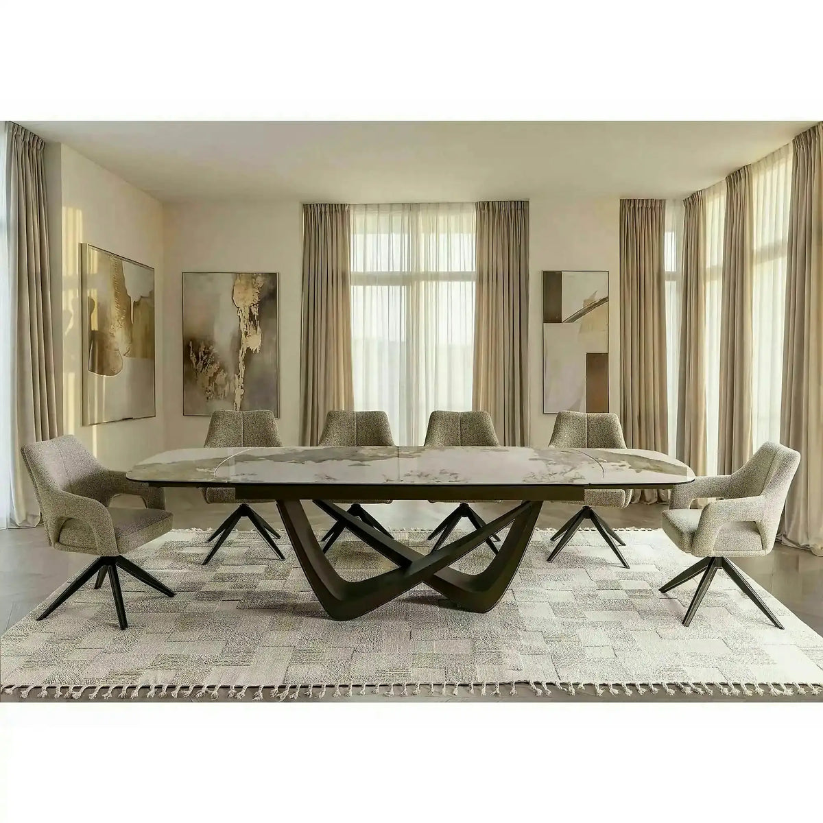 Masă extensibilă MARANELLO, alb/cupru, sticlă securizată/ceramică/metal, 200–290x98x77 cm