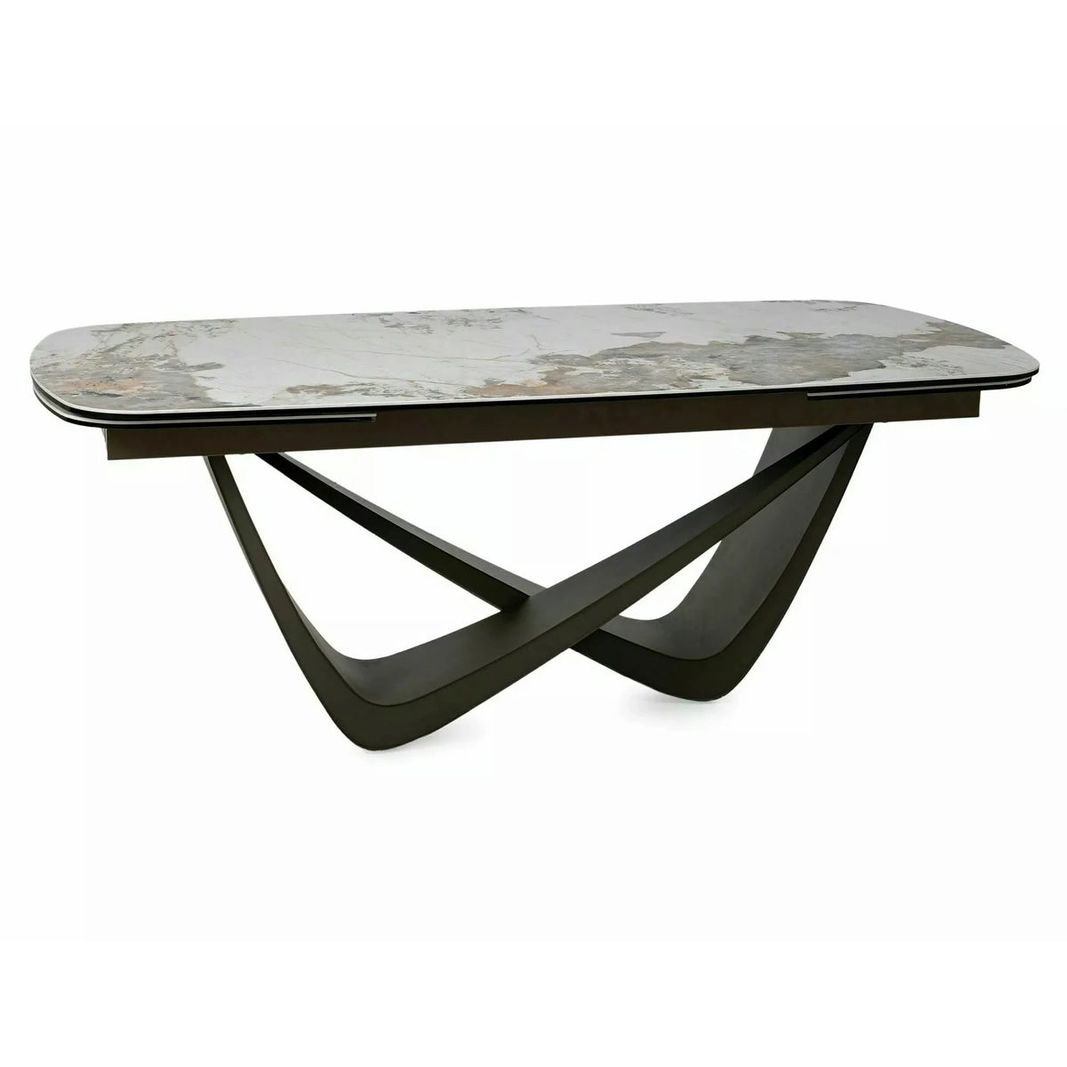 Masă extensibilă MARANELLO, alb/cupru, sticlă securizată/ceramică/metal, 200–290x98x77 cm