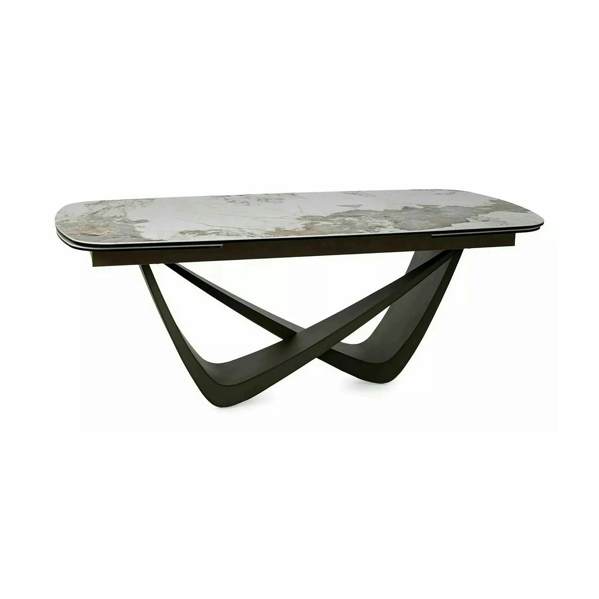 Masă extensibilă MARANELLO, alb/cupru, sticlă securizată/ceramică/metal, 200–290x98x77 cm