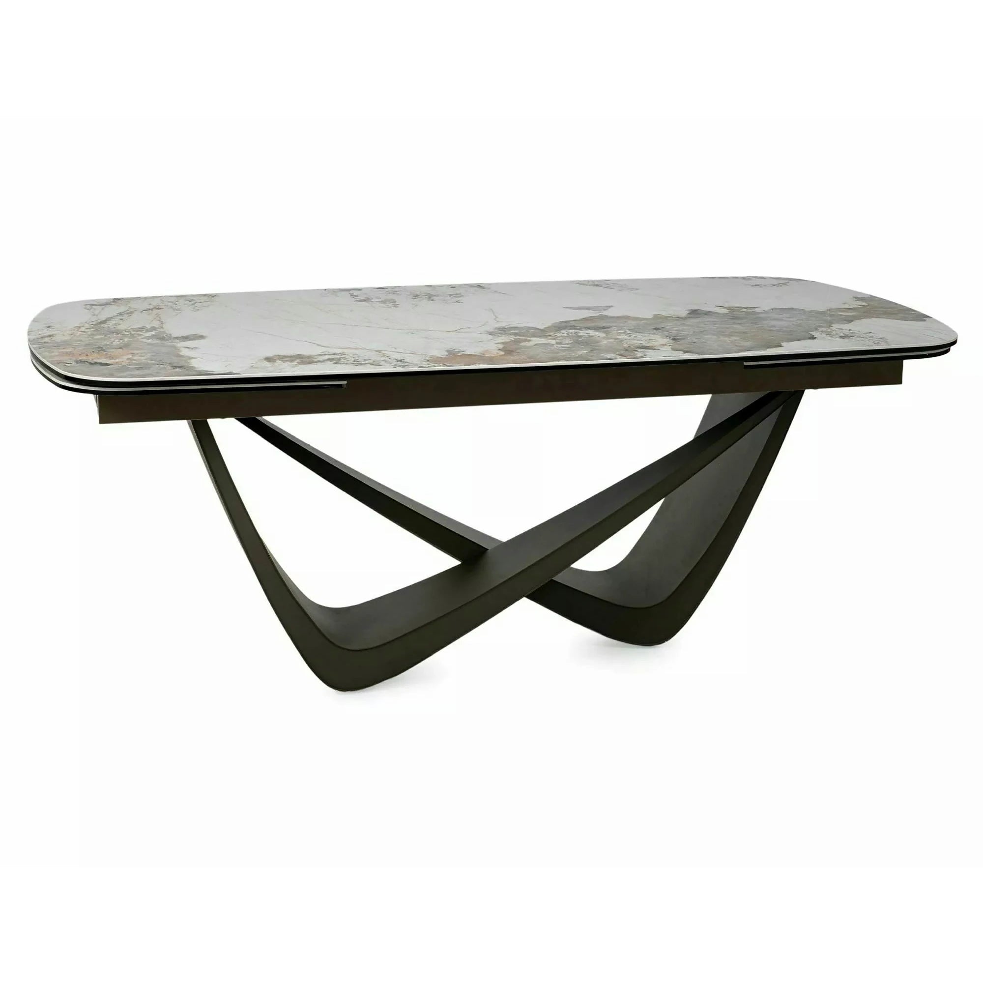 Masă extensibilă MARANELLO, alb/cupru, sticlă securizată/ceramică/metal, 200–290x98x77 cm