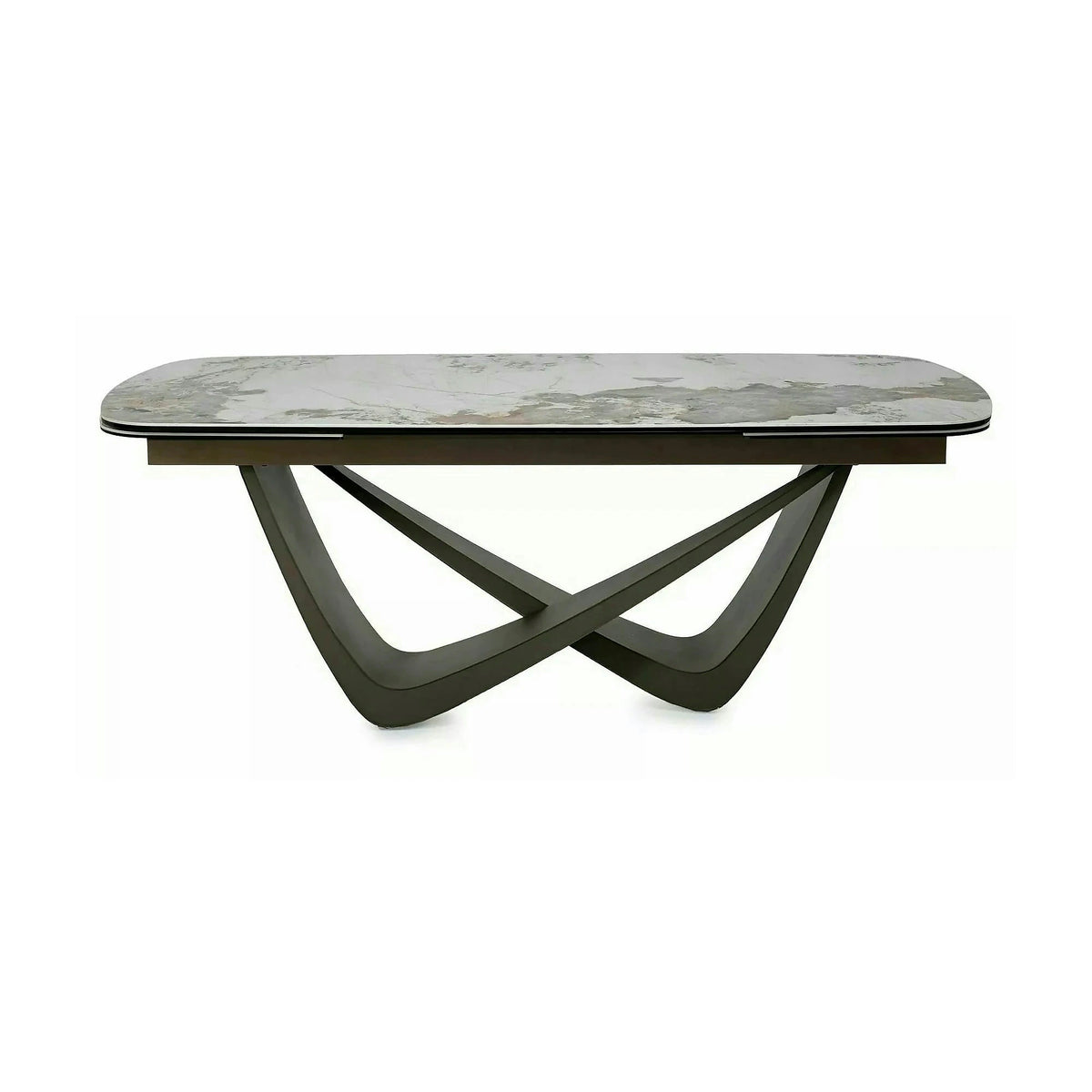 Masă extensibilă MARANELLO, alb/cupru, sticlă securizată/ceramică/metal, 200–290x98x77 cm