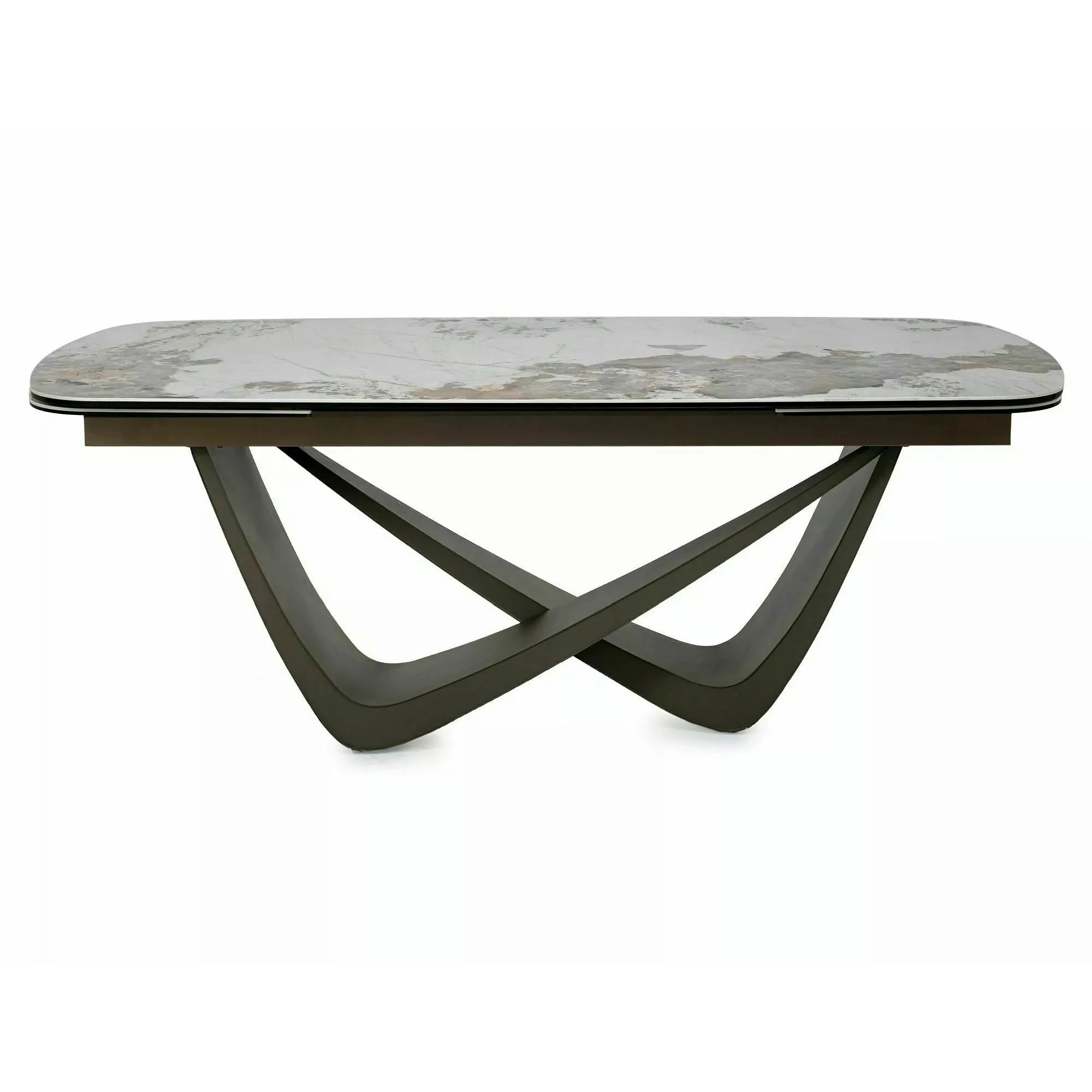 Masă extensibilă MARANELLO, alb/cupru, sticlă securizată/ceramică/metal, 200–290x98x77 cm