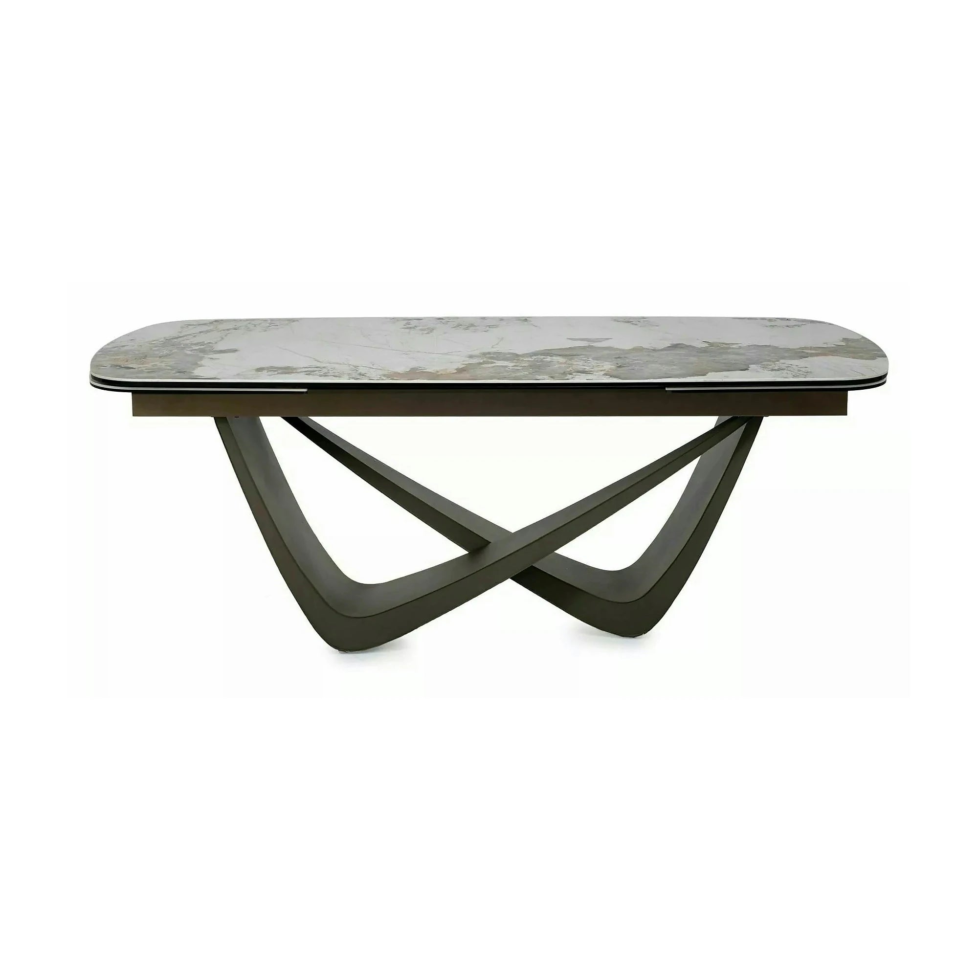 Masă extensibilă MARANELLO, alb/cupru, sticlă securizată/ceramică/metal, 200–290x98x77 cm