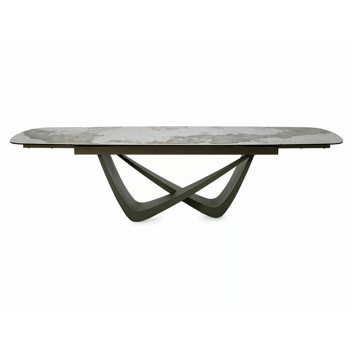 Masă extensibilă MARANELLO, alb/cupru, sticlă securizată/ceramică/metal, 200–290x98x77 cm