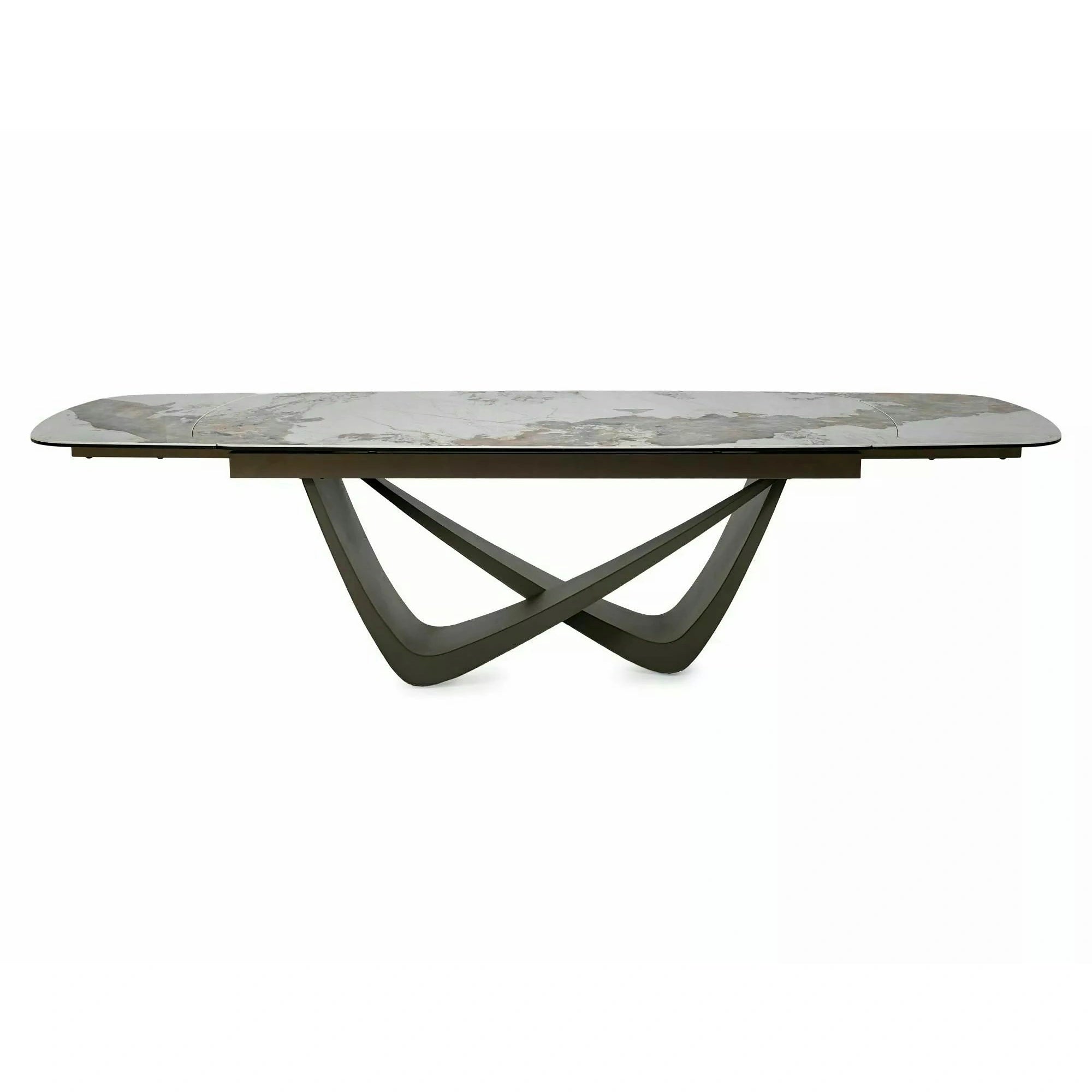 Masă extensibilă MARANELLO, alb/cupru, sticlă securizată/ceramică/metal, 200–290x98x77 cm