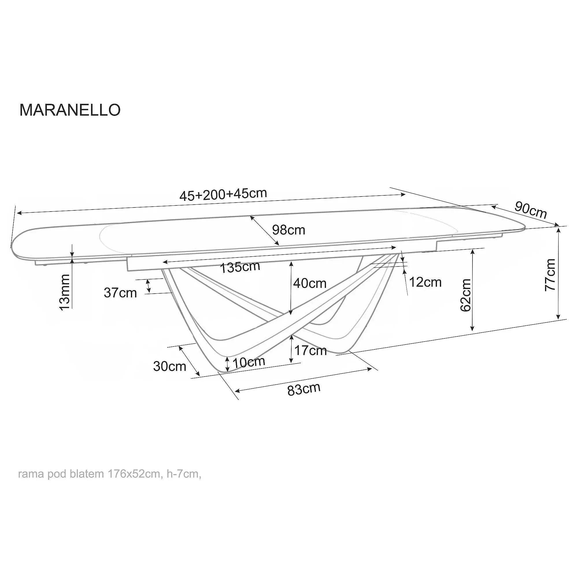 Masă extensibilă MARANELLO, alb/cupru, sticlă securizată/ceramică/metal, 200–290x98x77 cm