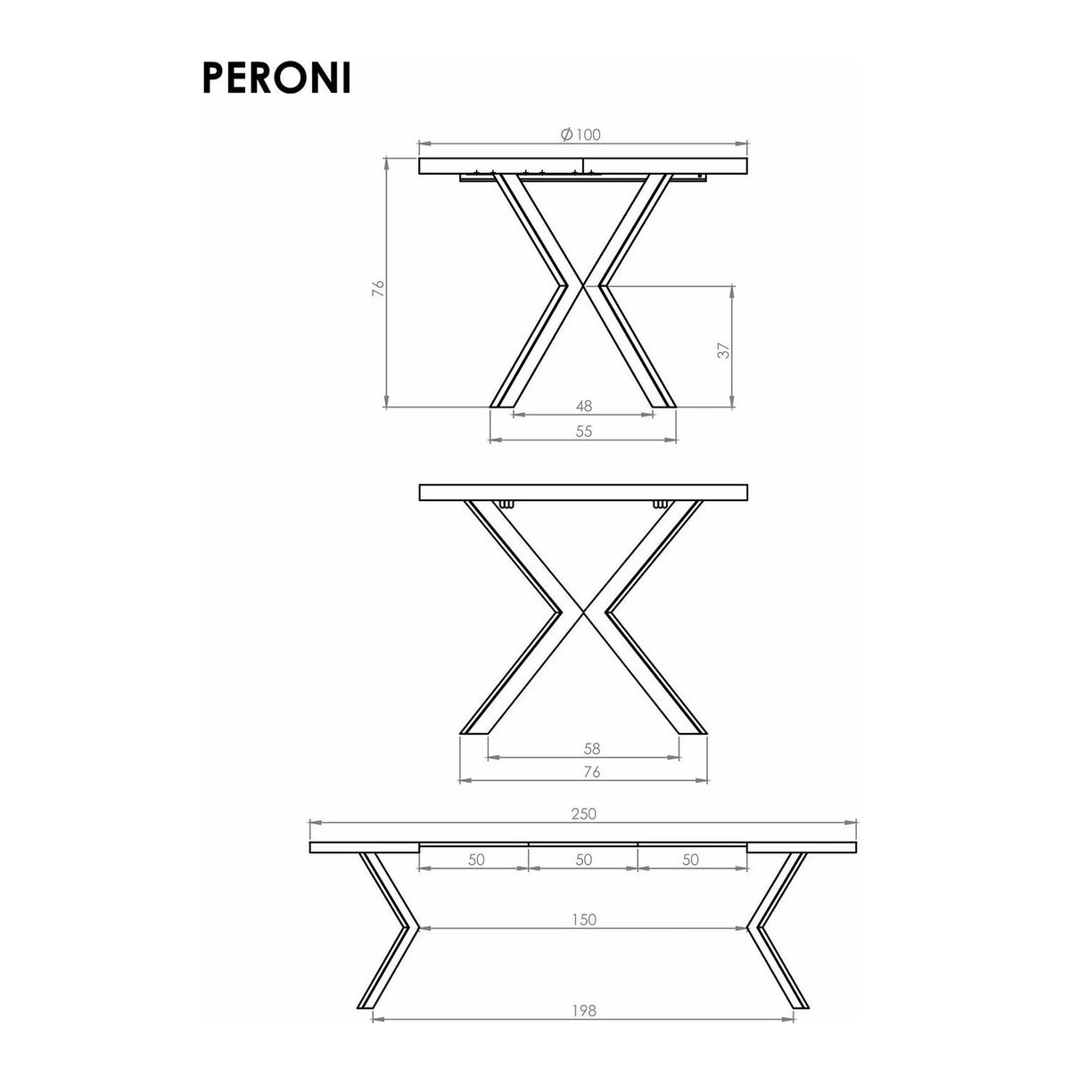 Masa extensibila mare PERONI, alb/negru, PAL furniruit /otel, 100/250x100x75 cm