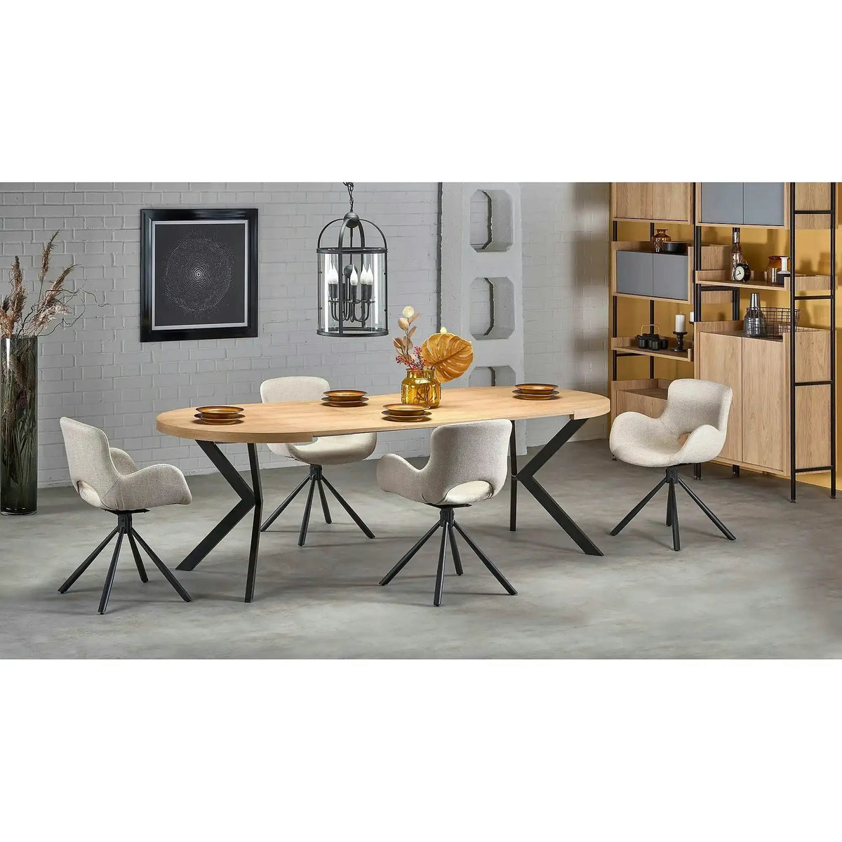 Masa extensibila mare PERONI, stejar auriu/negru, PAL furniruit/otel, 100/250x100x75 cm