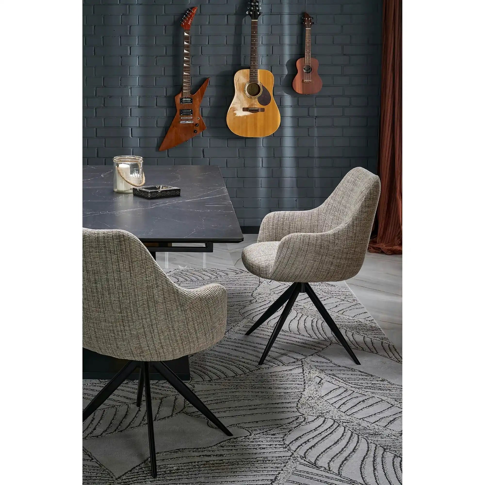 Masa extensibila moderna VOLANT, negru cu efect de marmura/stejar auriu, piatra sinterizata/otel, 140/180x90x76 cm