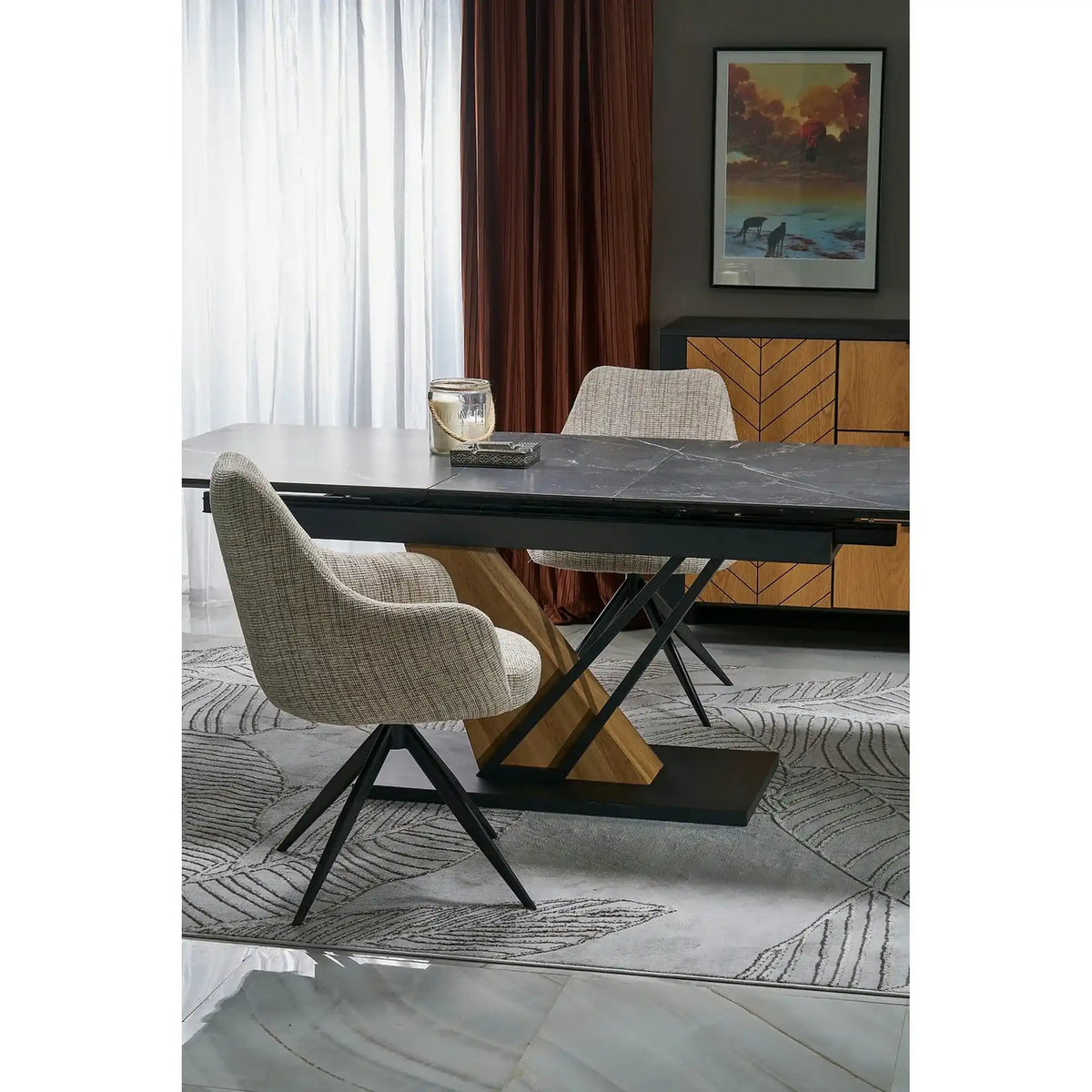 Masa extensibila moderna VOLANT, negru cu efect de marmura/stejar auriu, piatra sinterizata/otel, 140/180x90x76 cm