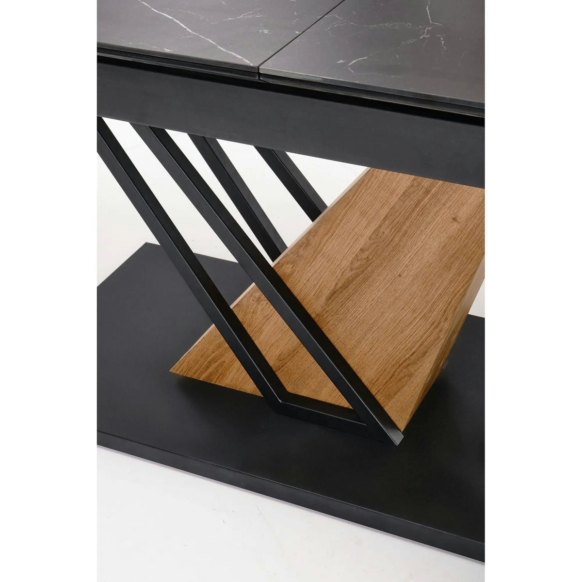 Masa extensibila moderna VOLANT, negru cu efect de marmura/stejar auriu, piatra sinterizata/otel, 140/180x90x76 cm