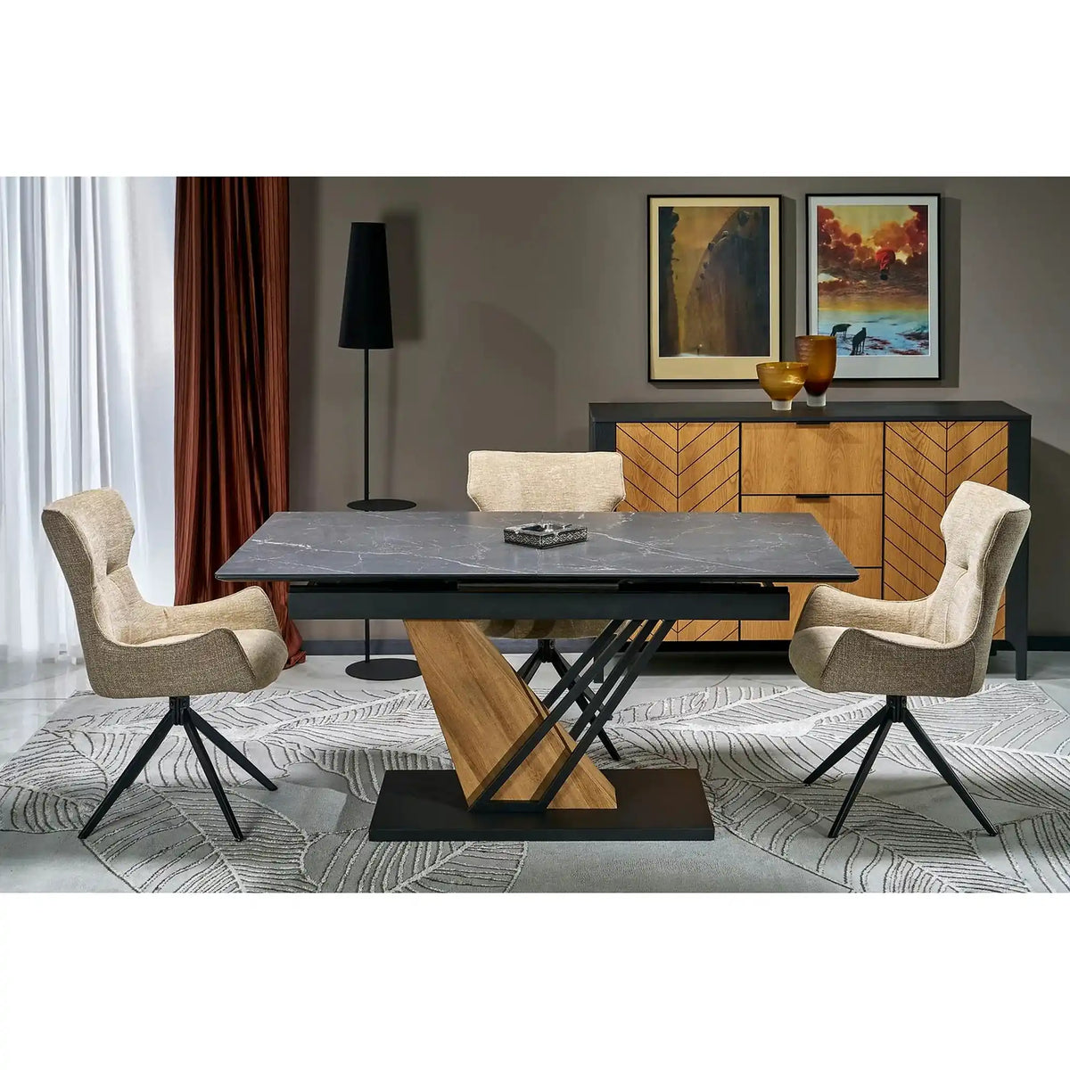 Masa extensibila moderna VOLANT, negru cu efect de marmura/stejar auriu, piatra sinterizata/otel, 140/180x90x76 cm
