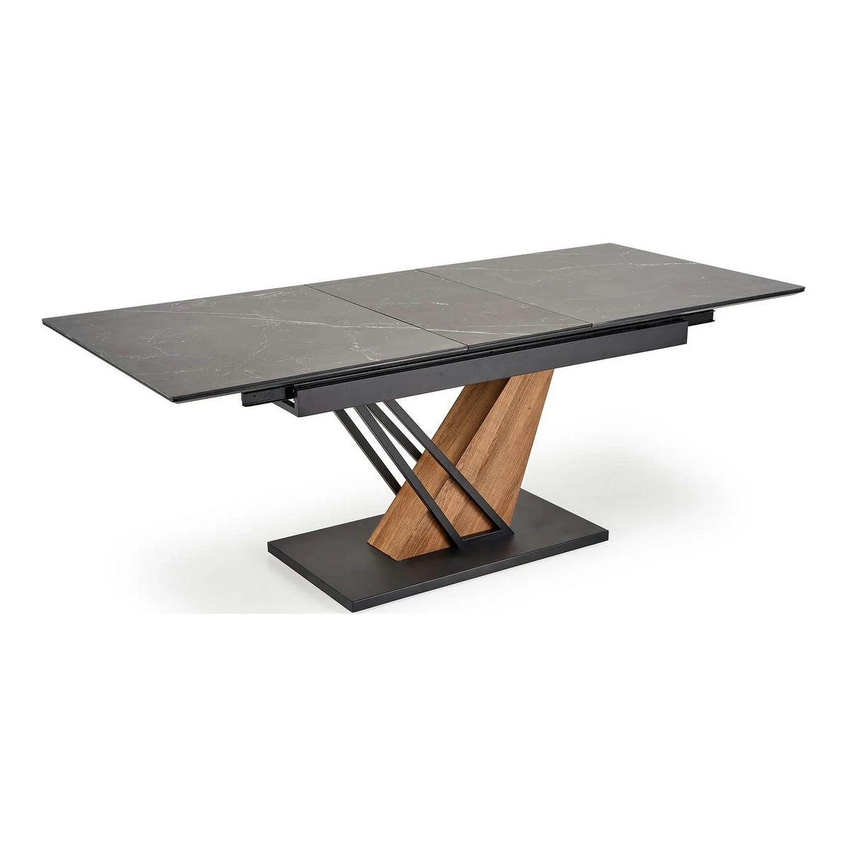 Masa extensibila moderna VOLANT, negru cu efect de marmura/stejar auriu, piatra sinterizata/otel, 140/180x90x76 cm