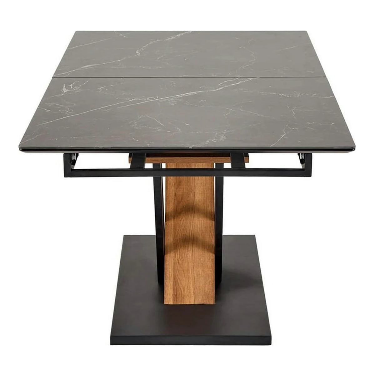 Masa extensibila moderna VOLANT, negru cu efect de marmura/stejar auriu, piatra sinterizata/otel, 140/180x90x76 cm