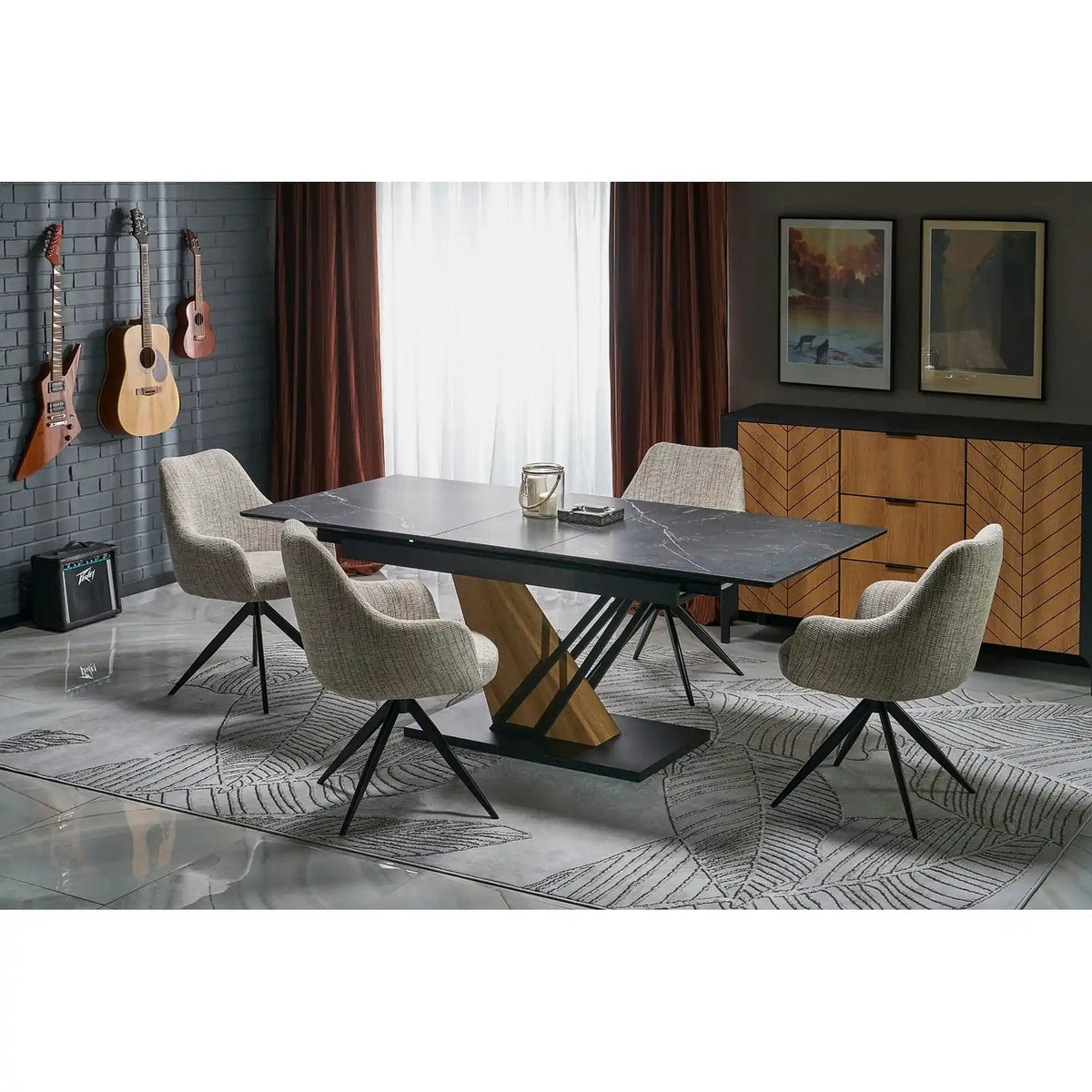 Masa extensibila moderna VOLANT, negru cu efect de marmura/stejar auriu, piatra sinterizata/otel, 140/180x90x76 cm
