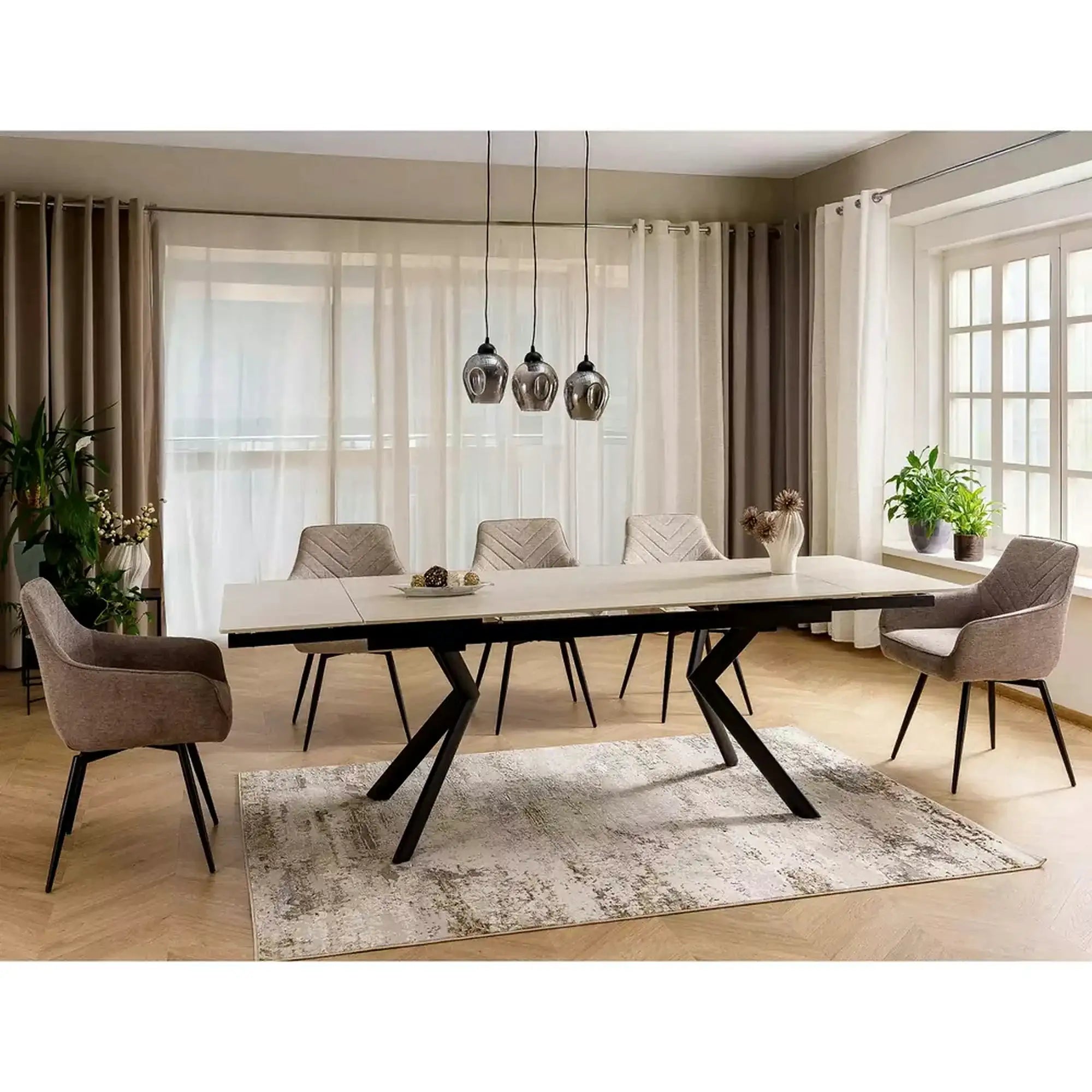 Masa extensibila NORTON, piatra travertin/negru, ceramica/metal, 160/240x90x75 cm