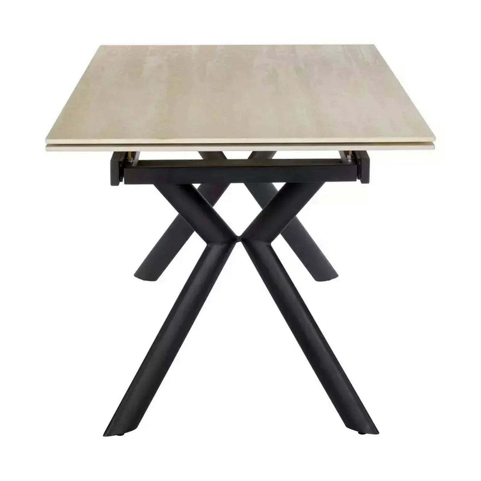 Masa extensibila NORTON, piatra travertin/negru, ceramica/metal, 160/240x90x75 cm