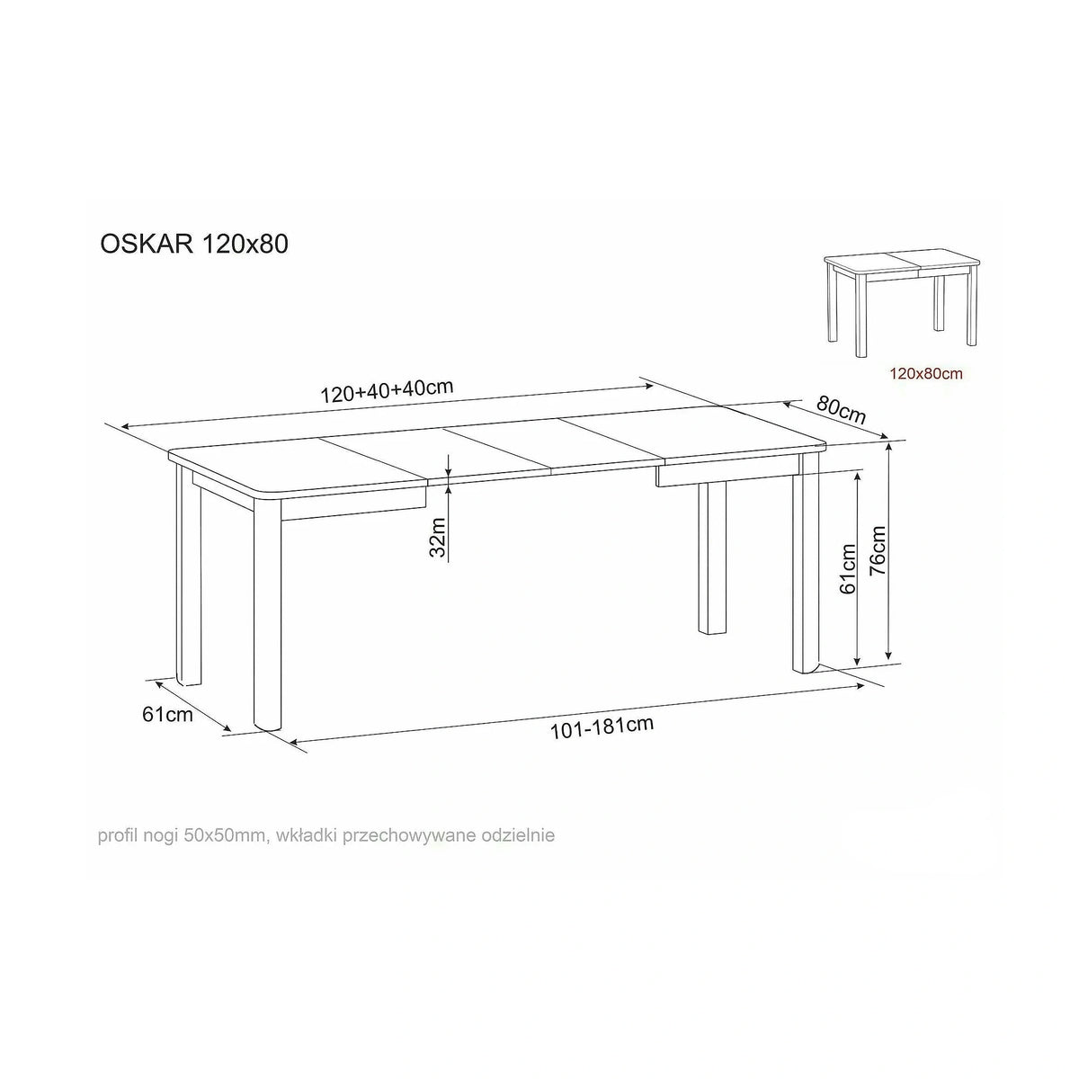 Masă extensibilă OSKAR, stejar artizanal/negru, PAL laminat/MDF, 120–200x80x76 cm