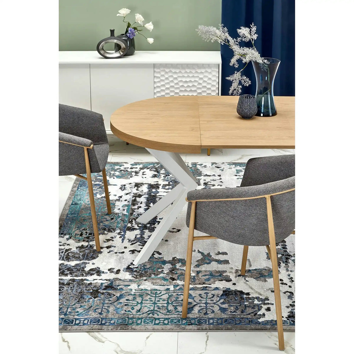 Masa extensibila PERONI, stejar auriu/alb, PAL furniruit/otel, 100/250x100x75 cm