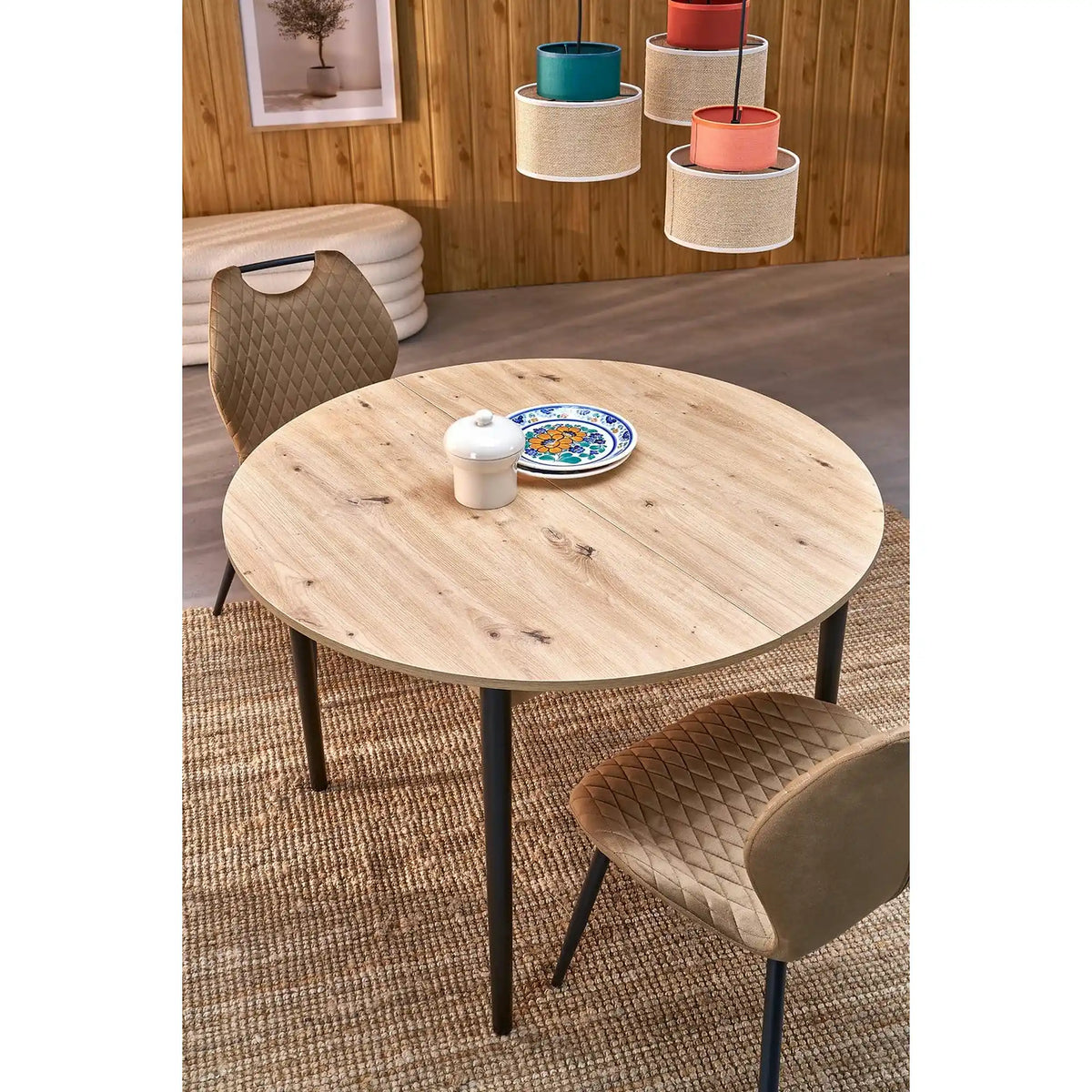 Masa extensibila PIVOT, stejar artisan/negru, PAL laminat/lemn, 102/142x102x75 cm
