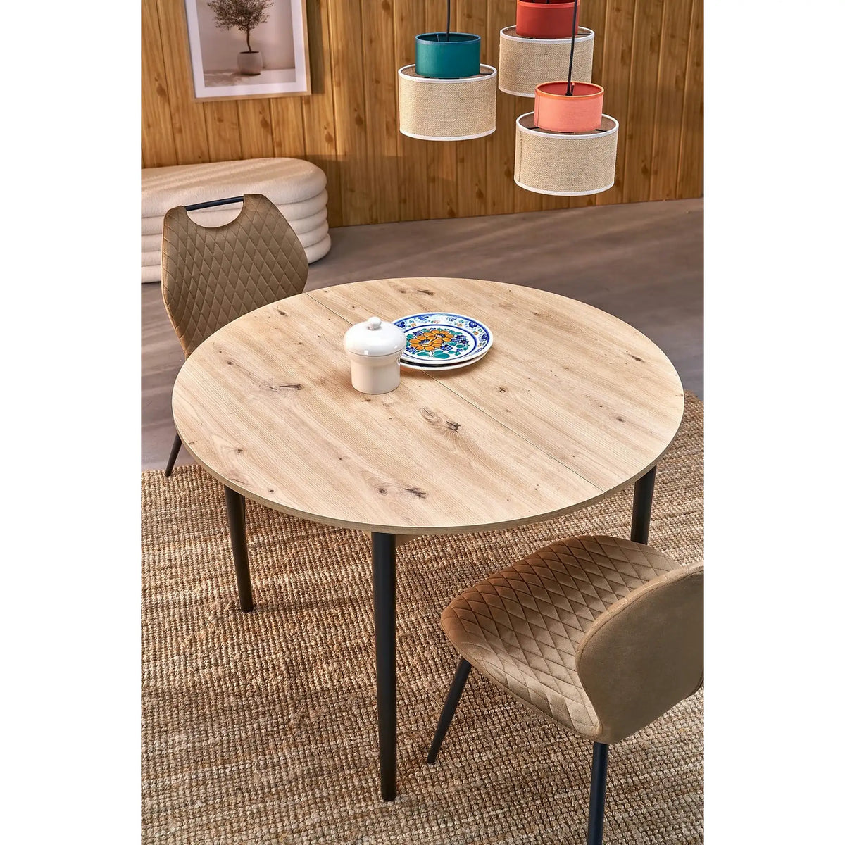 Masa extensibila PIVOT, stejar artisan/negru, PAL laminat/lemn, 102/142x102x75 cm
