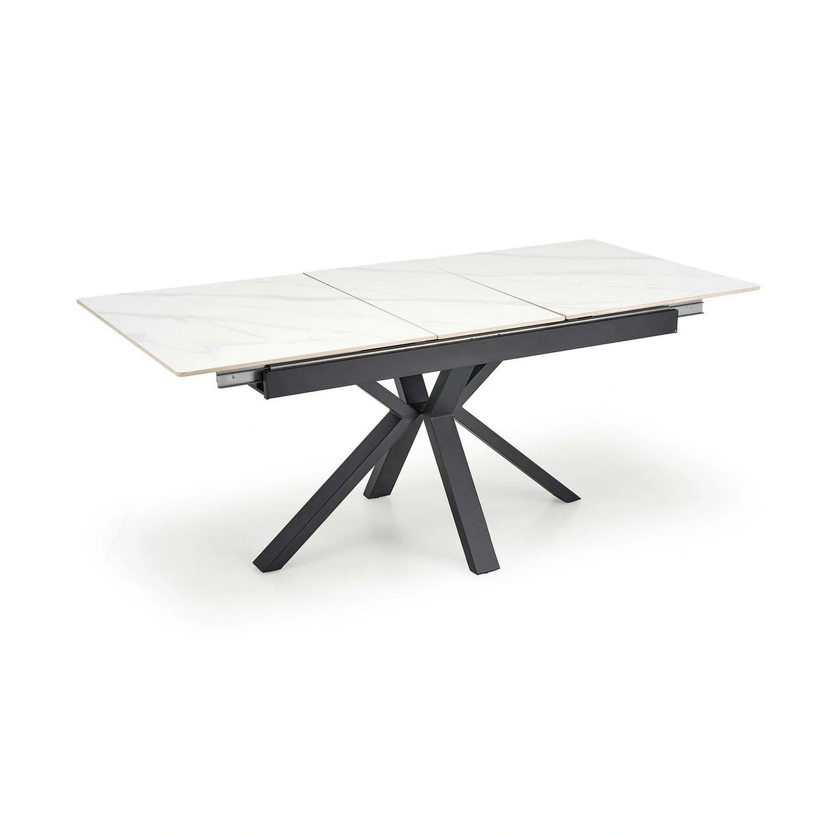 Masa extensibila PLATAN, alb cu efect de marmura/negru, piatra sinterizata/otel, 140/180x85x76 cm