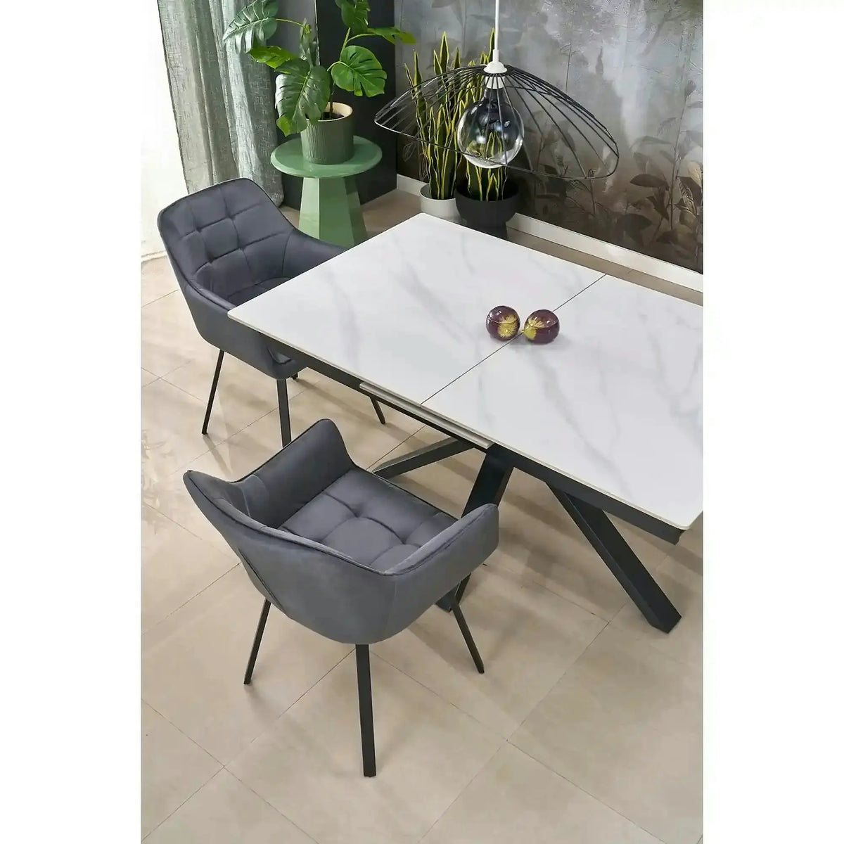Masa extensibila PLATAN, alb cu efect de marmura/negru, piatra sinterizata/otel, 140/180x85x76 cm