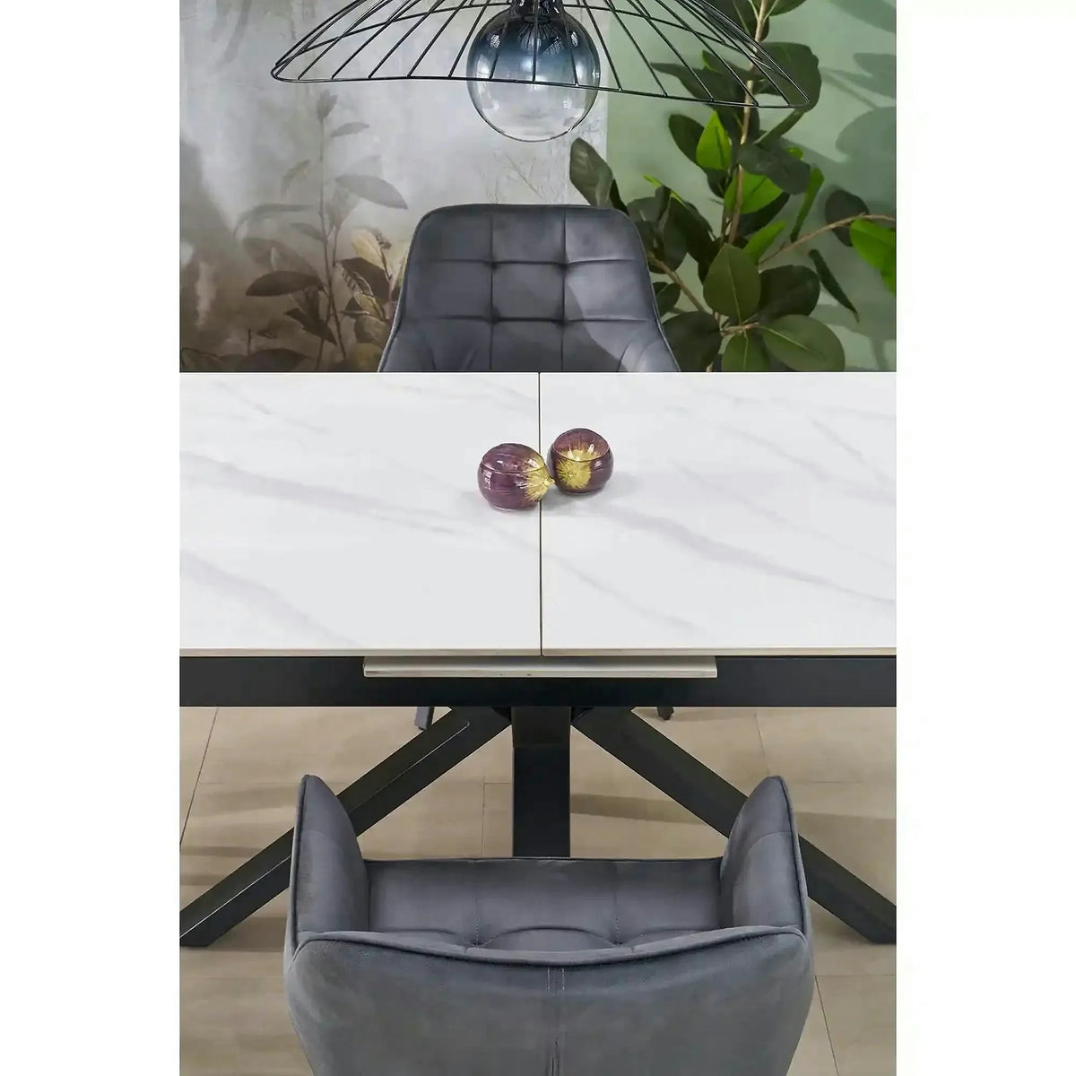 Masa extensibila PLATAN, alb cu efect de marmura/negru, piatra sinterizata/otel, 140/180x85x76 cm