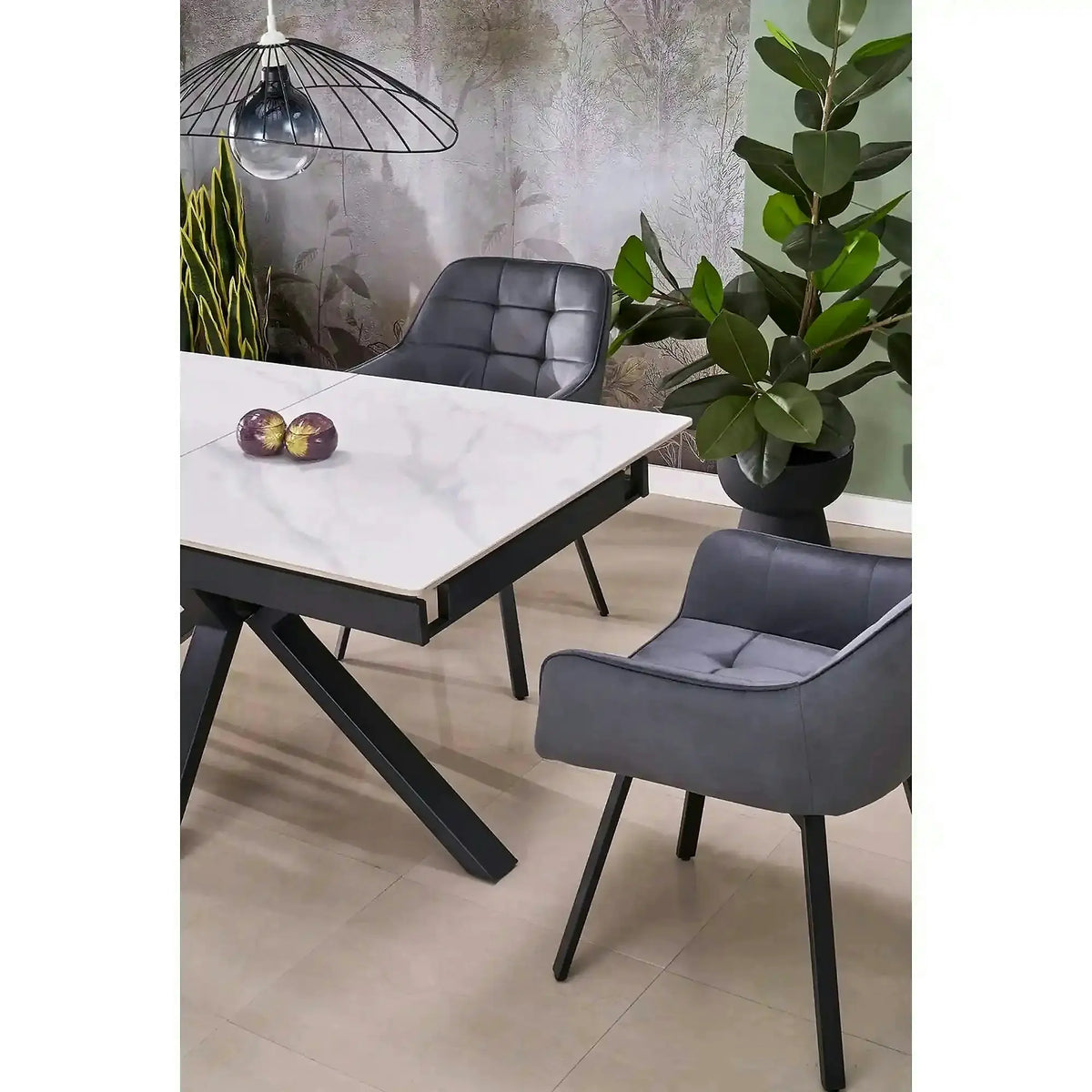Masa extensibila PLATAN, alb cu efect de marmura/negru, piatra sinterizata/otel, 140/180x85x76 cm