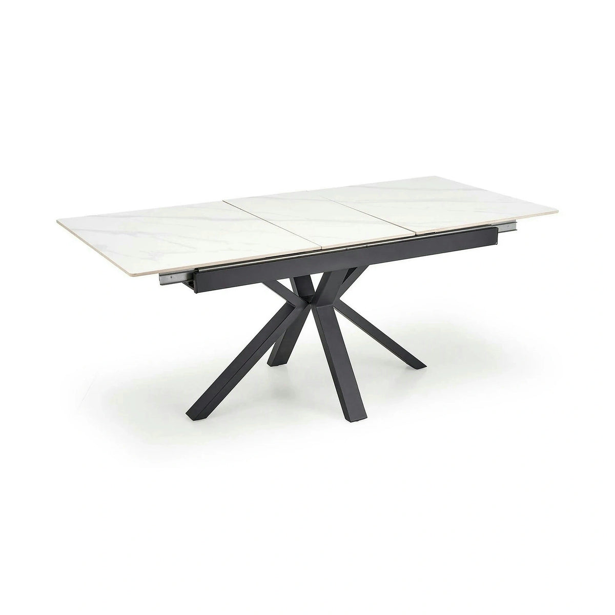 Masa extensibila PLATAN, alb cu efect de marmura/negru, piatra sinterizata/otel, 140/180x85x76 cm