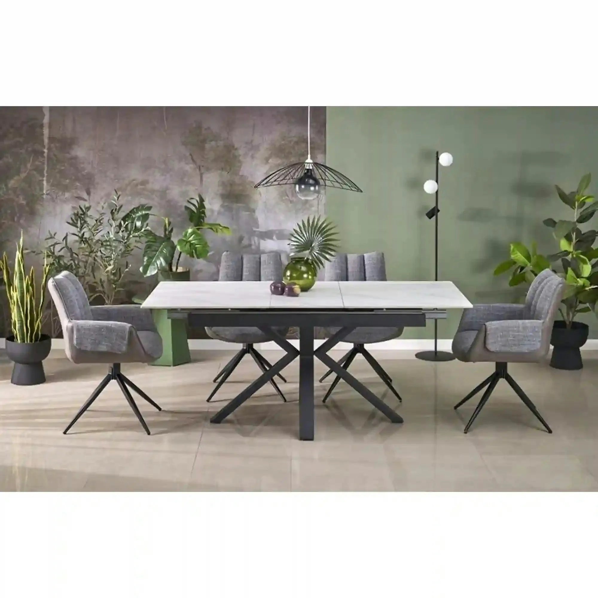 Masa extensibila PLATAN, alb cu efect de marmura/negru, piatra sinterizata/otel, 140/180x85x76 cm