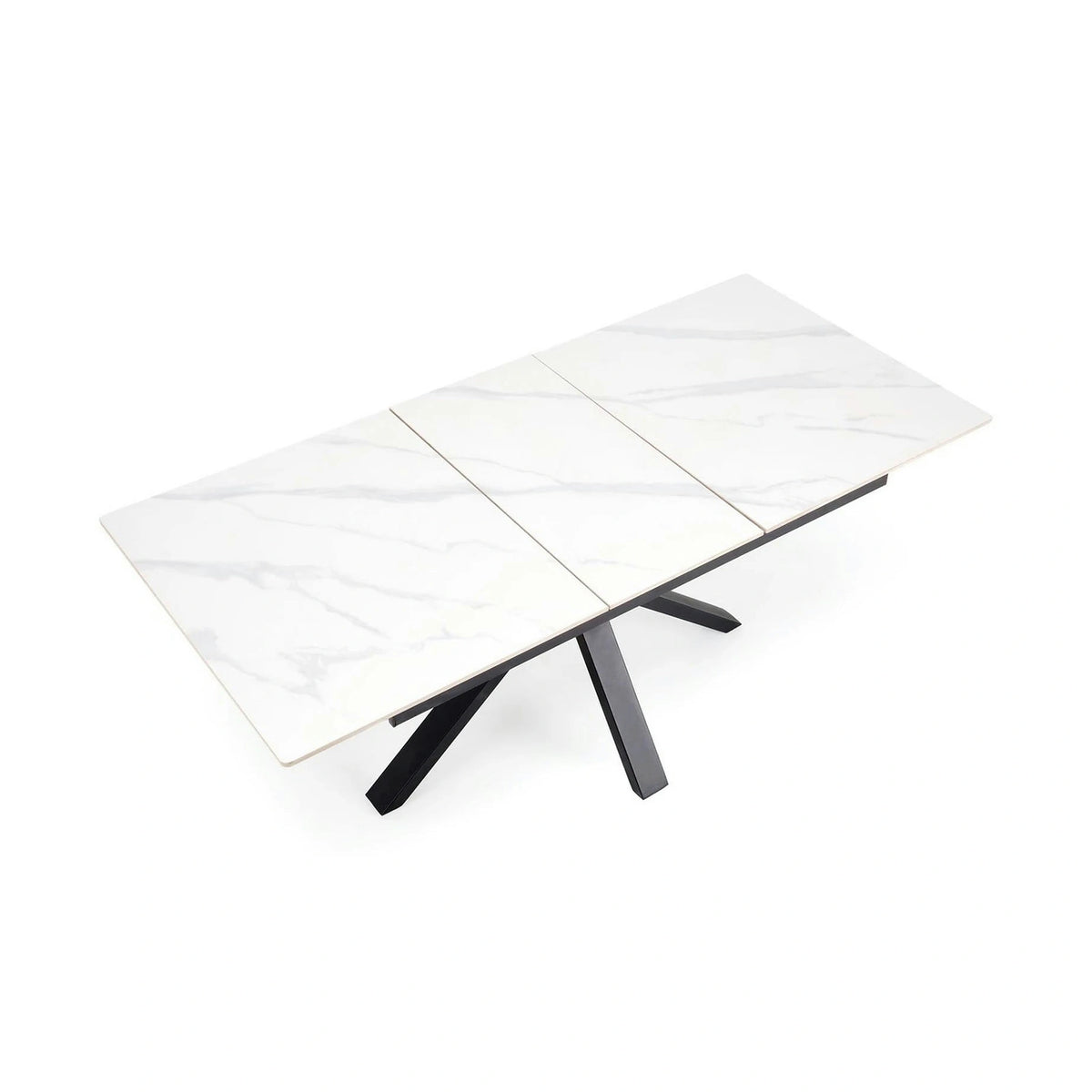 Masa extensibila PLATAN, alb cu efect de marmura/negru, piatra sinterizata/otel, 140/180x85x76 cm