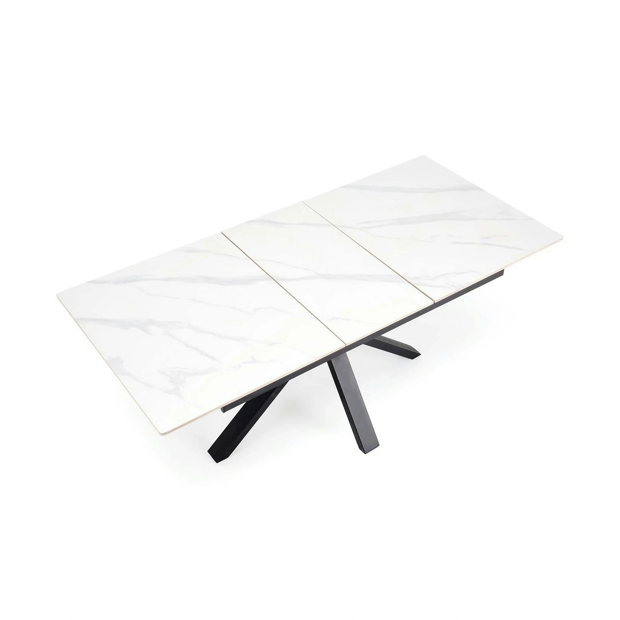 Masa extensibila PLATAN, alb cu efect de marmura/negru, piatra sinterizata/otel, 140/180x85x76 cm
