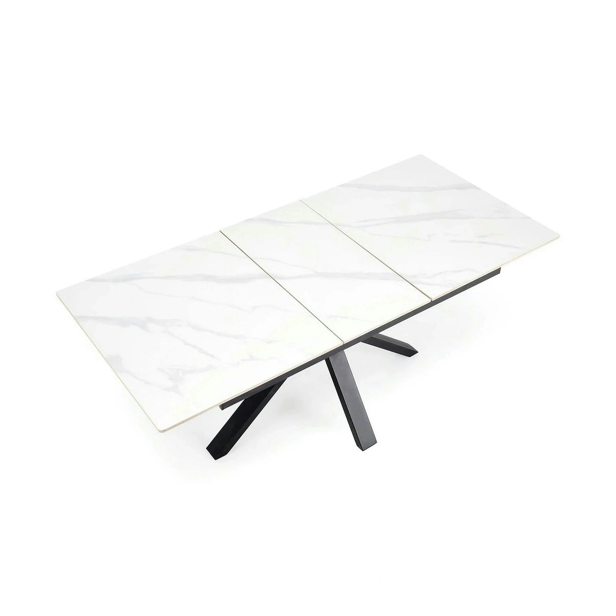 Masa extensibila PLATAN, alb cu efect de marmura/negru, piatra sinterizata/otel, 140/180x85x76 cm