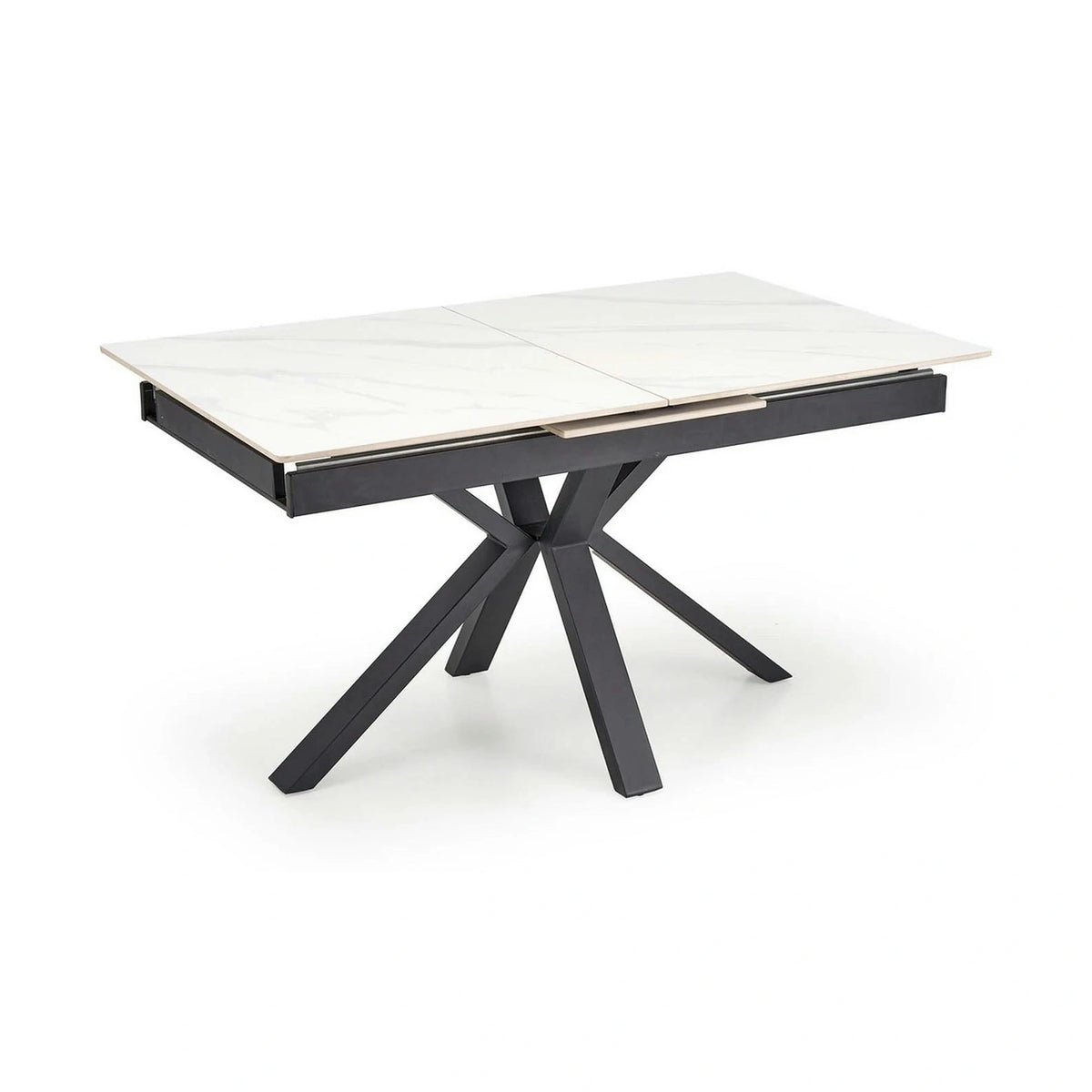 Masa extensibila PLATAN, alb cu efect de marmura/negru, piatra sinterizata/otel, 140/180x85x76 cm