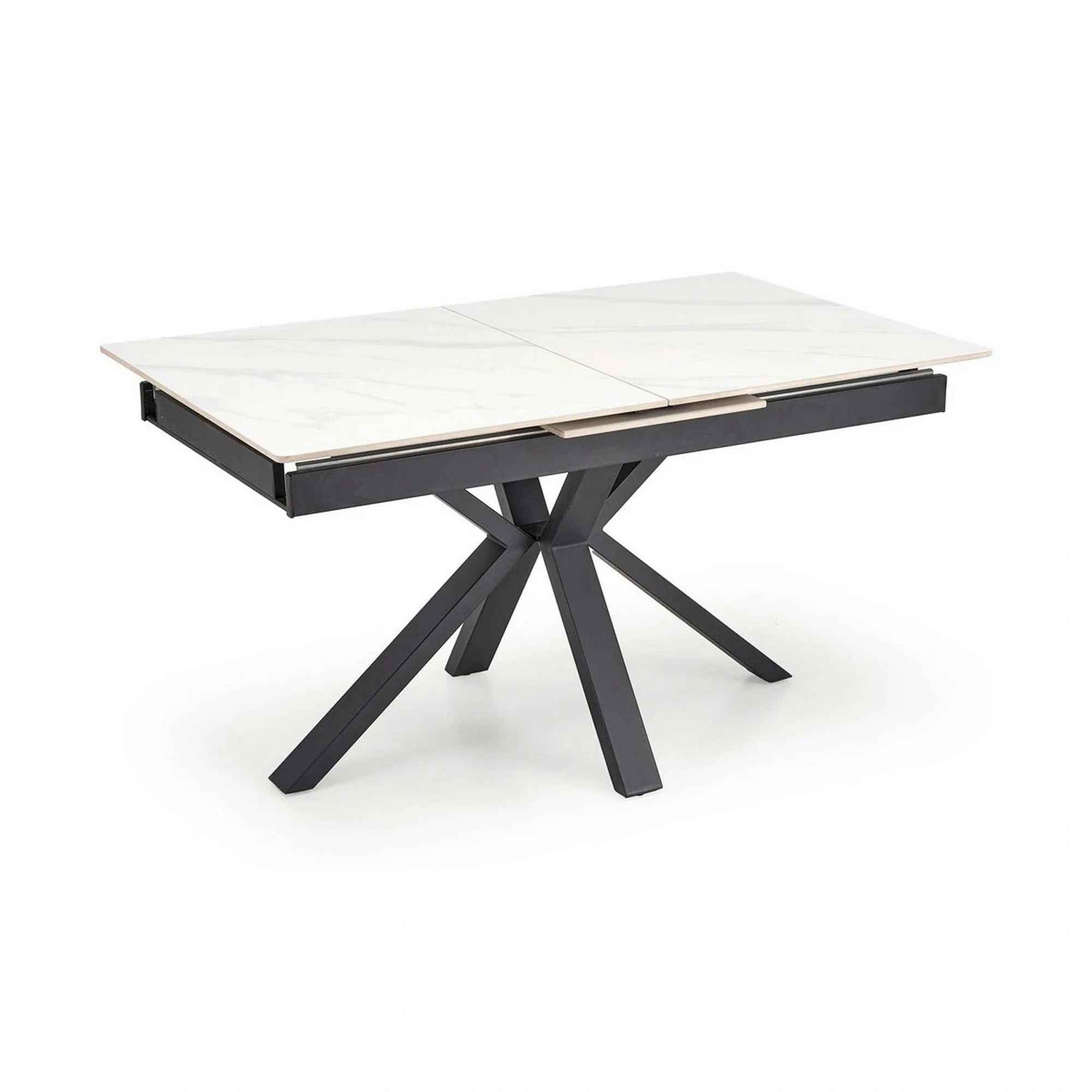 Masa extensibila PLATAN, alb cu efect de marmura/negru, piatra sinterizata/otel, 140/180x85x76 cm