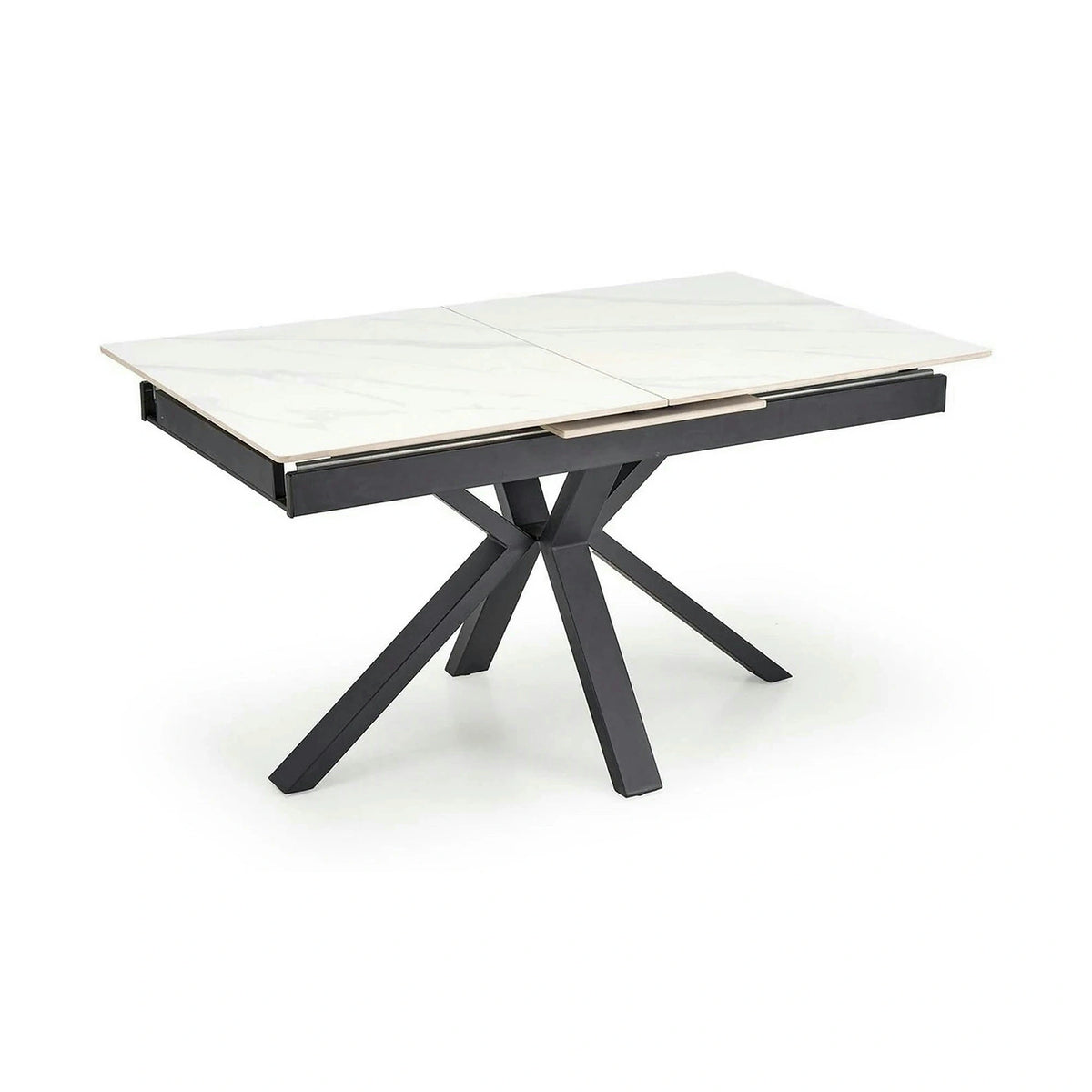 Masa extensibila PLATAN, alb cu efect de marmura/negru, piatra sinterizata/otel, 140/180x85x76 cm