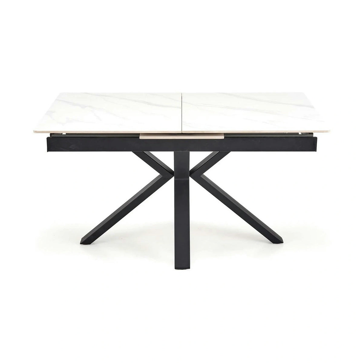 Masa extensibila PLATAN, alb cu efect de marmura/negru, piatra sinterizata/otel, 140/180x85x76 cm